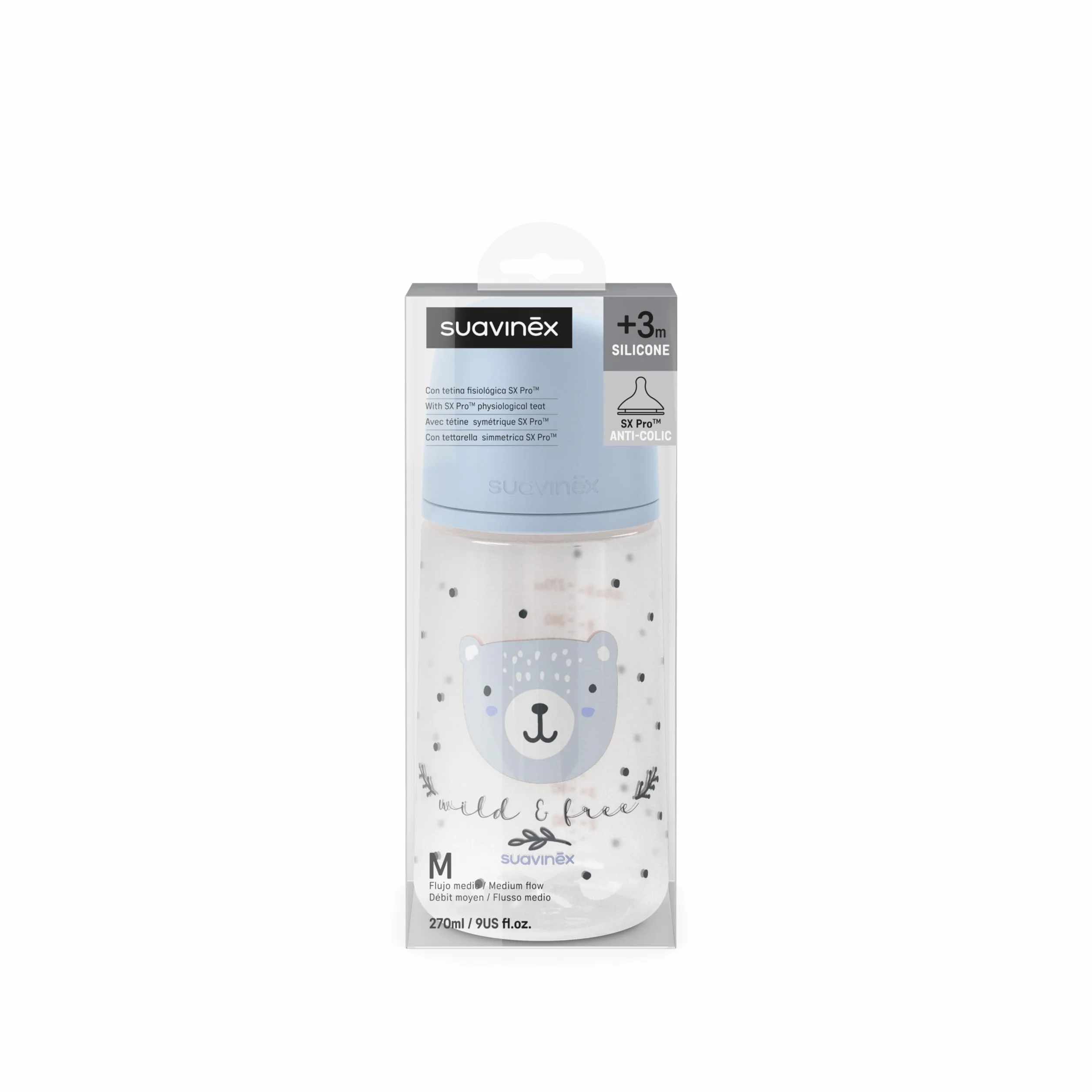 Suavinex, Biberon da 270 ml con tettarella fisiologica SX Pro in silicone con valvola anti-coliche, flusso medio (M), per liquidi a media densità, latte, succhi o acqua. Neonati +3 Mesi. Wild&Free Blu