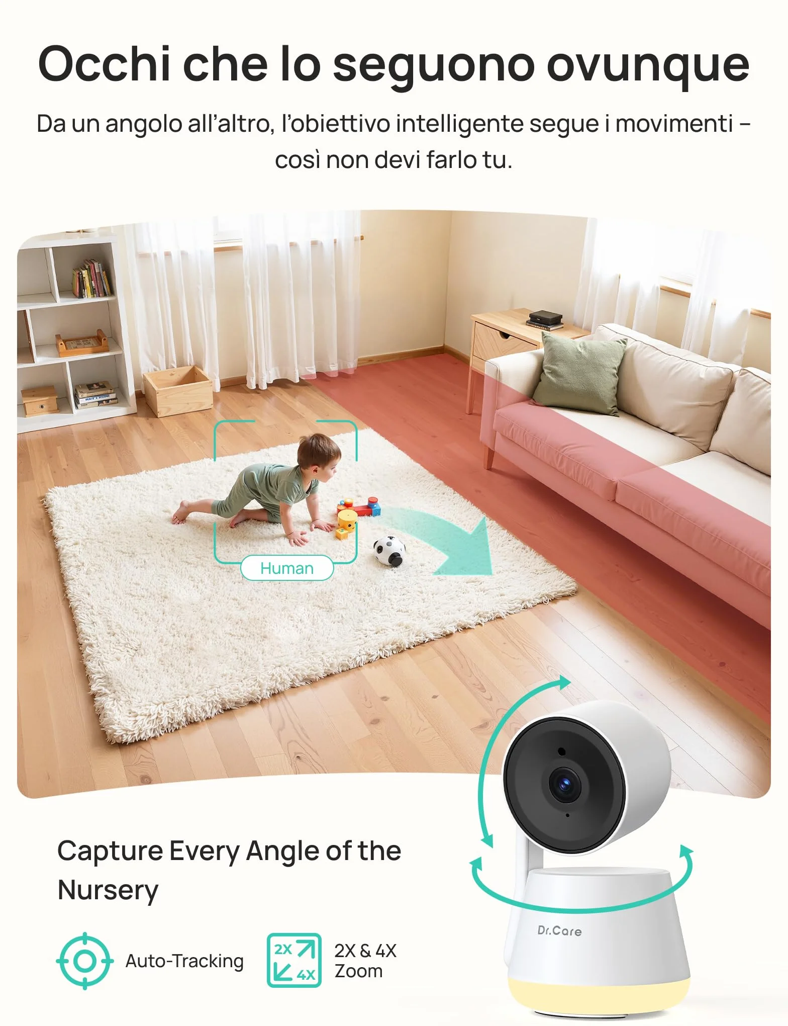 Dr.Care LumiView Baby Monitor WiFi SBM003-1080P FHD & 2K, Controllo App, Modalità Privacy, Batteria 5000mAh, Allarmi Pianto e Movimento, Luce Notturna RGB (Monitor 5" con 2 Telecamere)