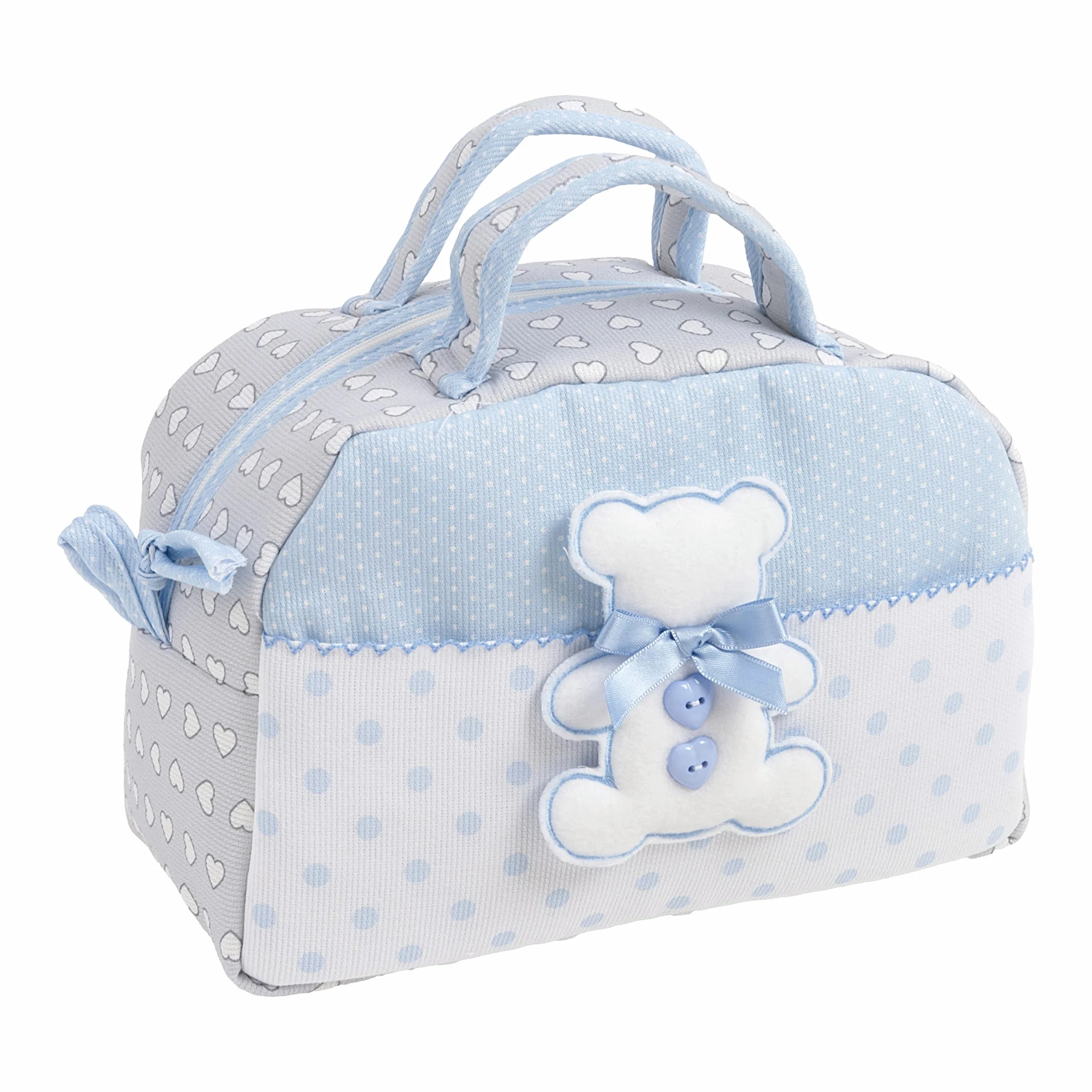FILET Beauty Case Cotone Maniglie Cerniera Ricamo Orsetto Made in Italy Grigio Azzurro
