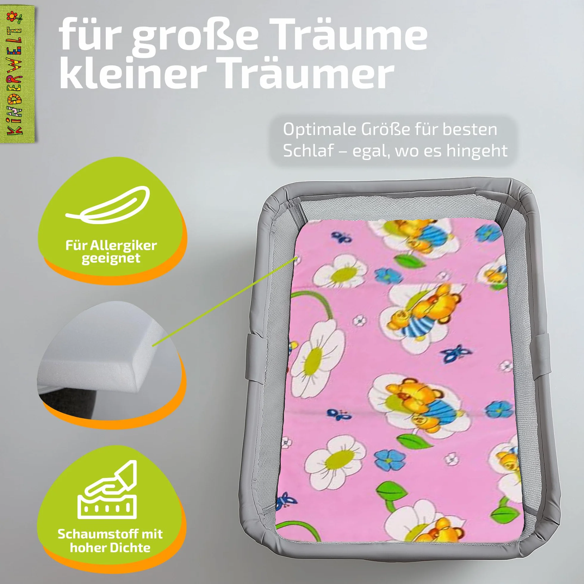 KiNDERWELT Materasso da viaggio per bambini, 120 x 60 cm, rosa, pieghevole, in schiuma fredda di alta qualità, prodotto in Germania