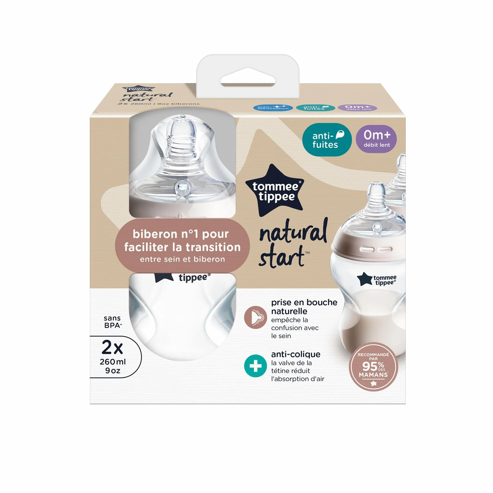 Tommee Tippee Biberon anti-colica Natural Start 260 ml, con tettarella simile al seno materno, valvola anti-colica, autosterilizzante, 2 pezzi
