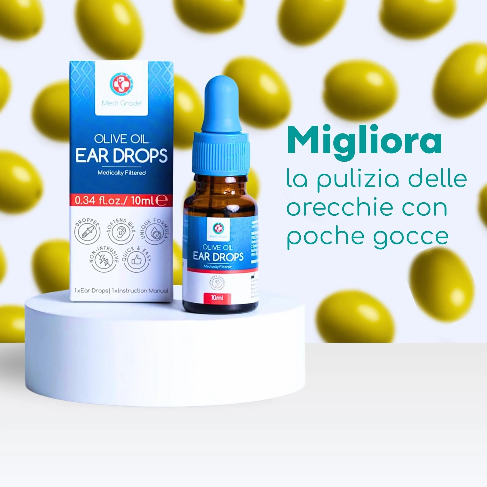 Medi Grade Gocce Auricolari all’Olio Oliva 100% Puro per Pulizia Orecchie – Olio per Rimozione Tappi di Cerume in Boccetta da 10 ml – Ammorbidisce e Rimuove i Tappi Orecchie – Sollievo Rapido