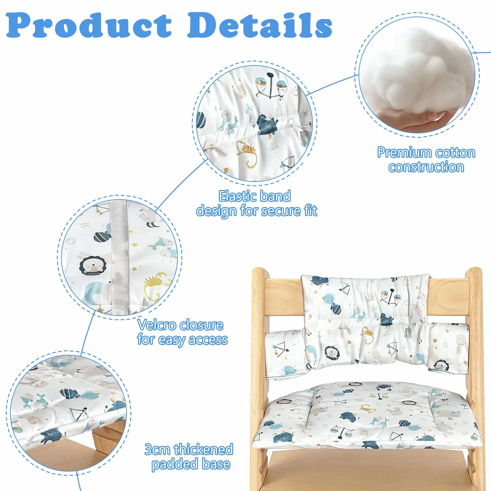 Cuscino per seggiolone Stokke Tripp Trapp, set da 2 pezzi in cotone biologico con rivestimento laminato impermeabile, facile da pulire e rimovibile, lavabile in lavatrice (animali marini)