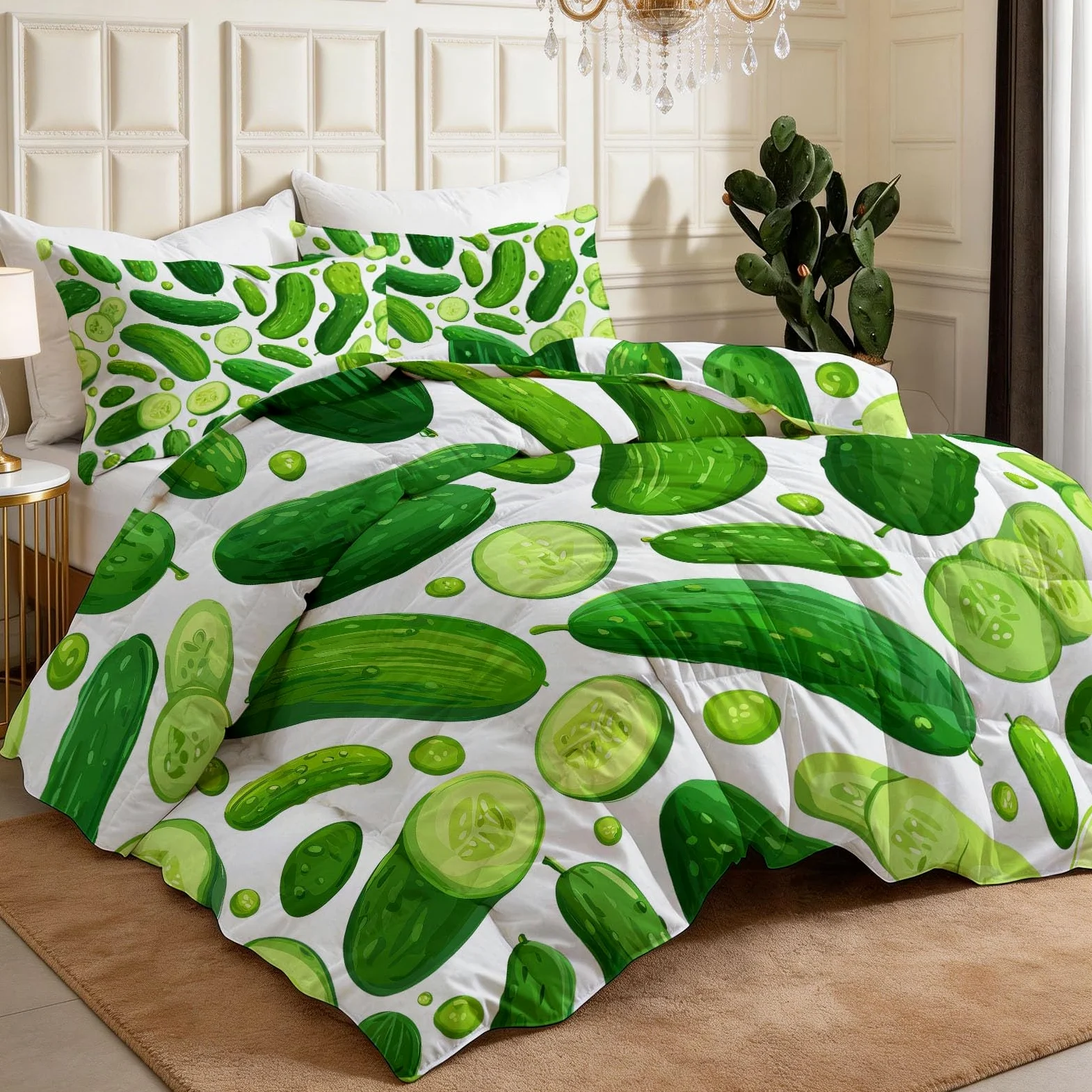 Générique Piumino lavabile per bambini, 200 x 200 cm, bianco cartone animato, verdura, cetriolo 4 stagioni, per letto matrimoniale, piumino reversibile leggero, senza coperte e 2 federe 65 x 65 cm