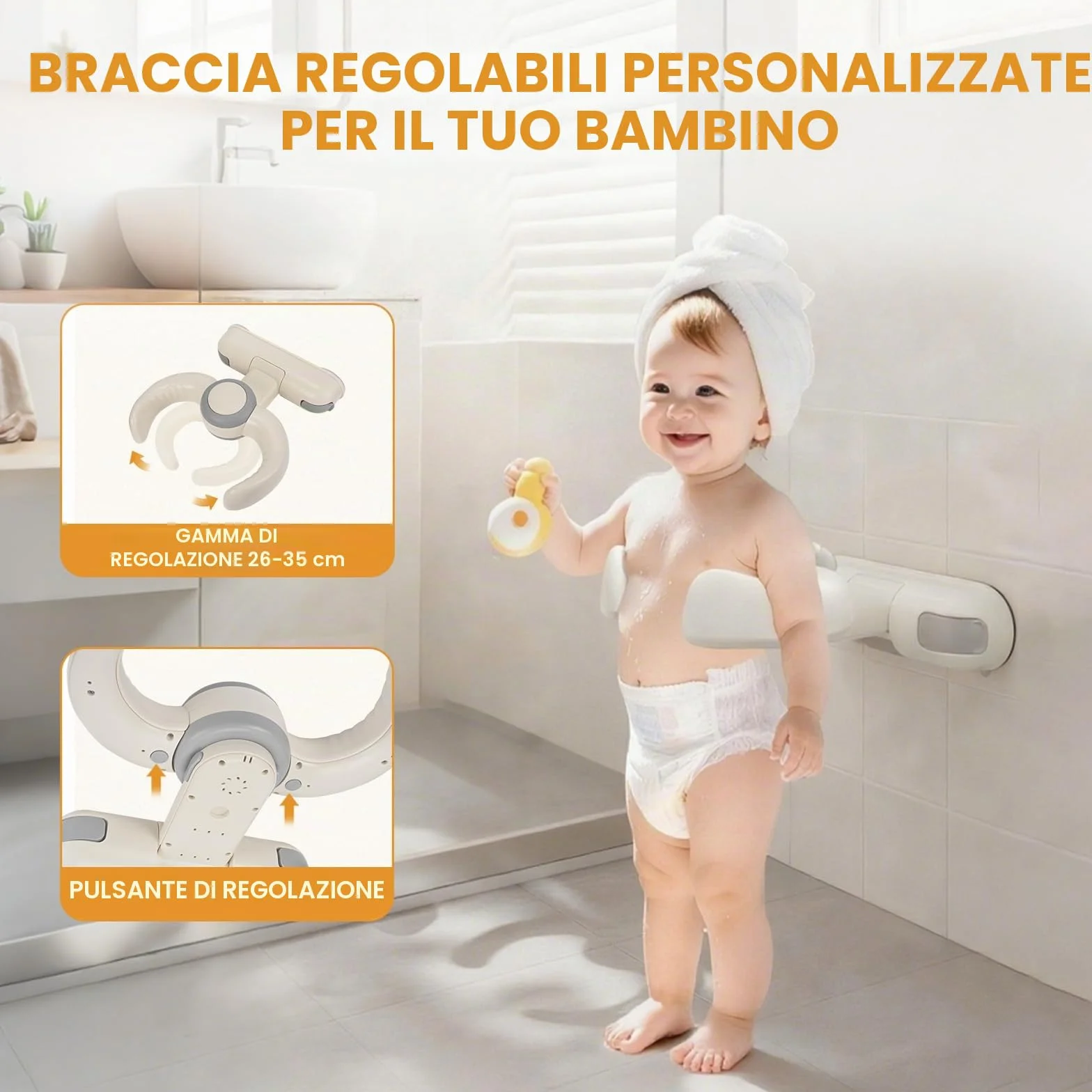 Supporto Doccia Neonati | Altezza Reg. 26-35cm | Antiscivolo Maniglia Sicurezza | Pieghevole Senza BPA | 6-36 Mesi
