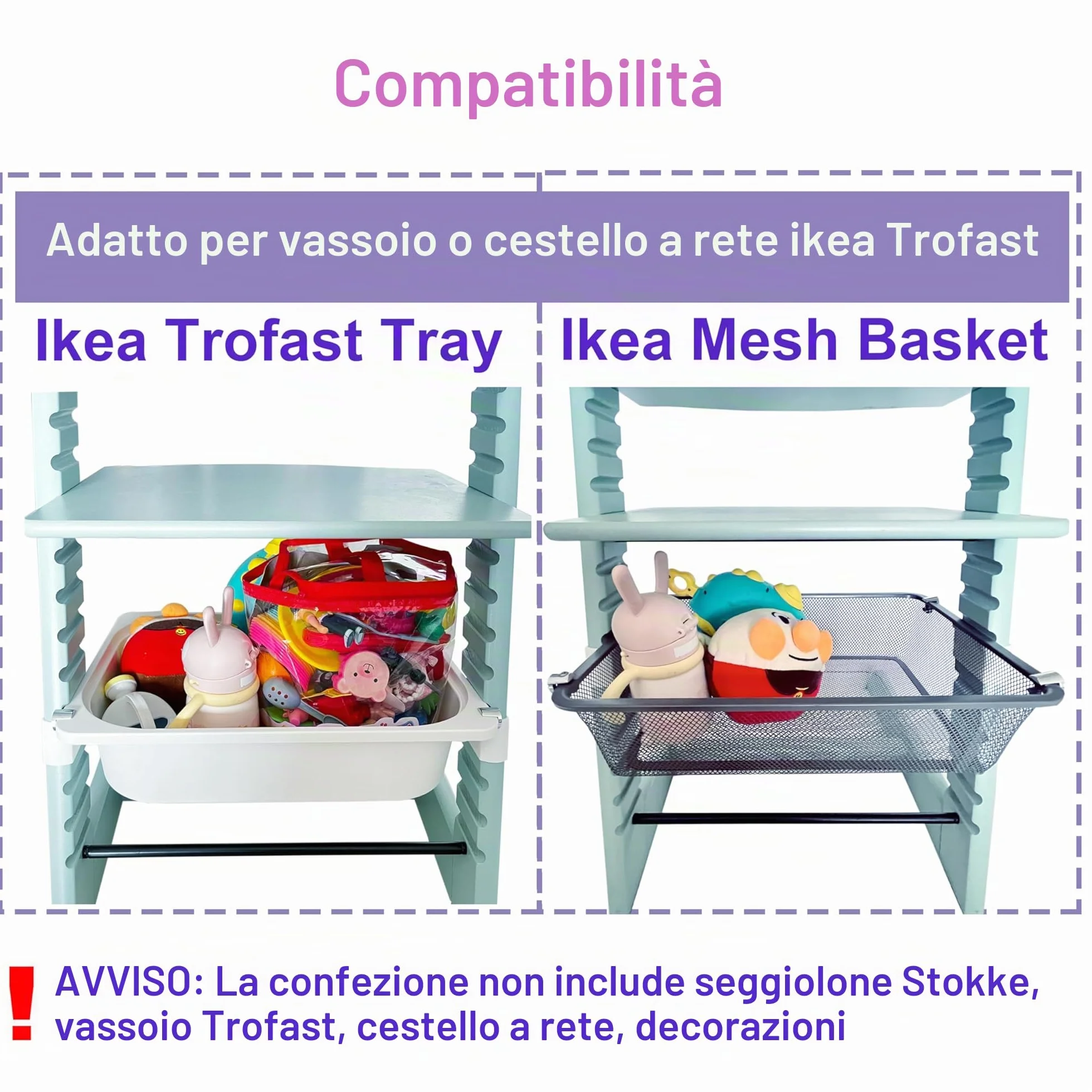 Adattatore per seggiolone Stokke Tripp Trapp e vassoio IKEA Trofast o cestino a rete, fornito con tappi