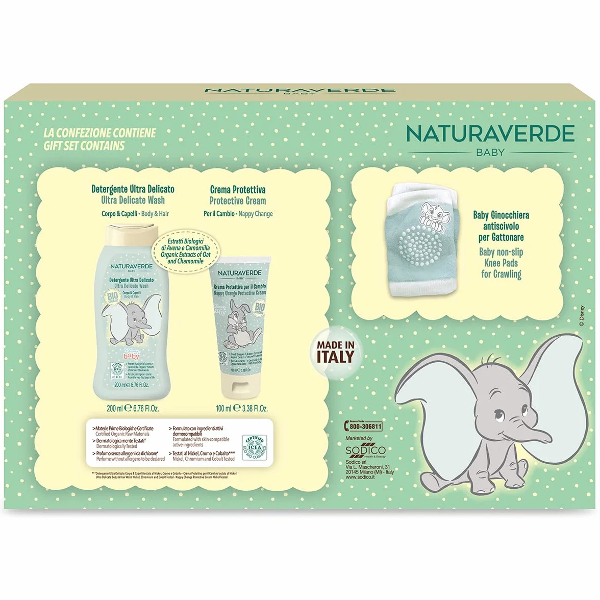 Naturaverde | Kids - Disney Baby - Set Regalo con Detergente Corpo e Capelli 200ml, Crema Protettiva per il Cambio 100ml e Ginocchiere per Gattonare con Antiscivolo