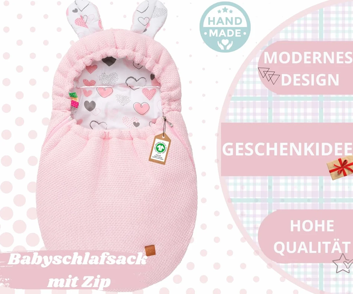 Mikos Coperta per ovetto, autunno inverno, sacco nanna con cerniera, 100% cotone GOTS Zert. coperta a maglia con imbottitura, universale, per passeggini, primavera, Maxi Cosi a 3 punti (50) (rosa)