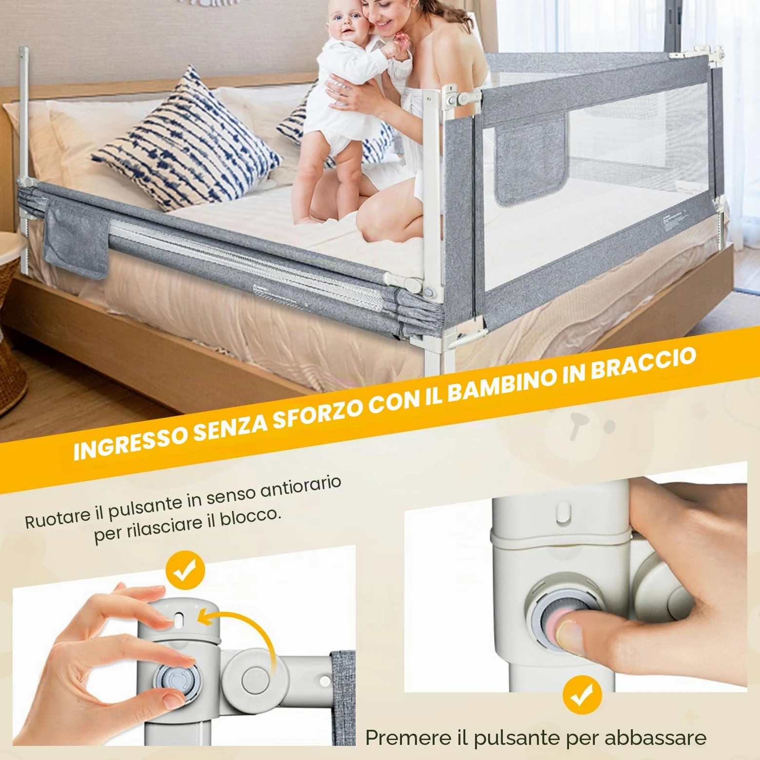 Sponde Letto Bambini，Barriera Letto Bambini，Sponda di Sicurezza per Bambini con Doppio Blocco di Sicurezza per Bambini, Altezza Regolabile，protezione da caduta，1PCS(Grigio) 180cm