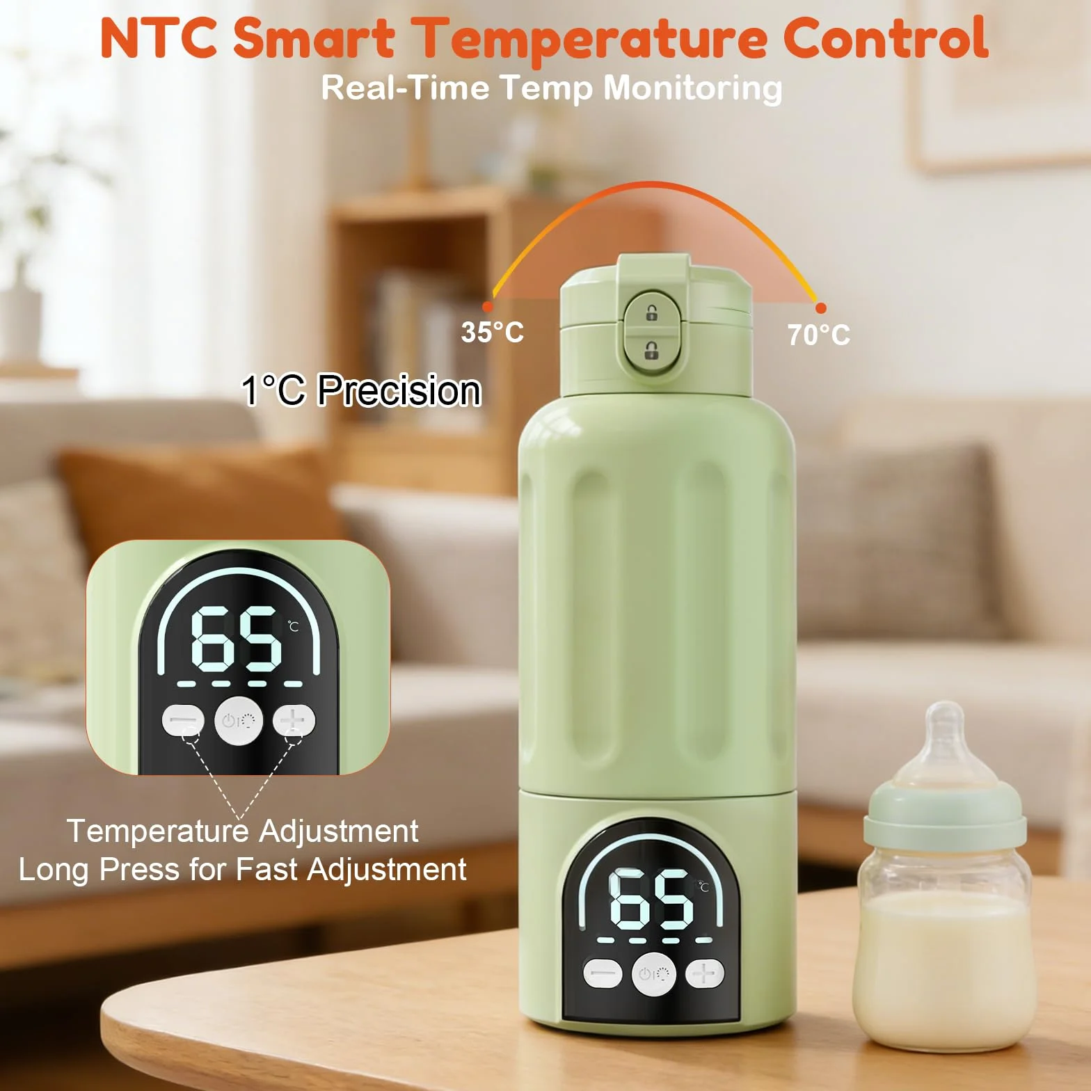 Scaldabiberon, Riscaldamento Rapido e Lunga Durata della Batteria 12000mAh, Controllo della Temperatura, 500ml Scaldabiberon per Tutto il Giorno per Latte Materno, Formula o Acqua (Verde)
