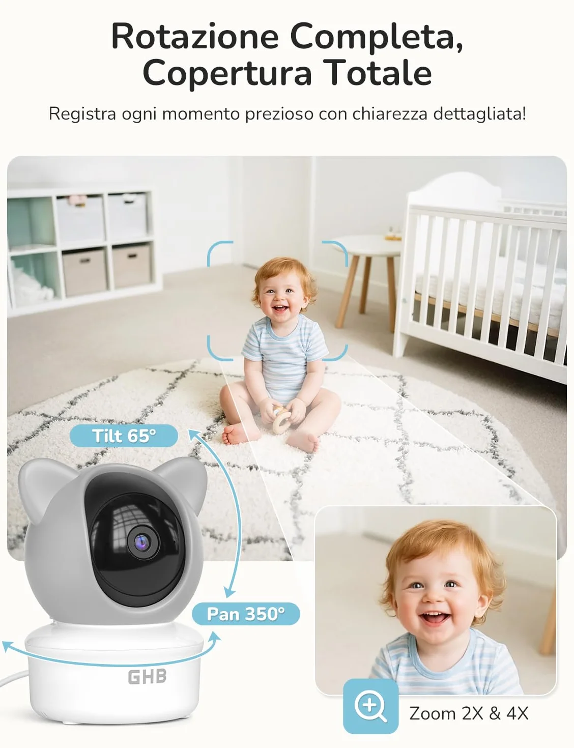 GHB Baby Monitor Video e Audio 5", Telecamera 2K, 350°/65° PTZ, 3000mAh, Controllo Tramite App e Monitor IPS, Rilevamento di Movimento/Pianto/Temperatura, Visione Notturna