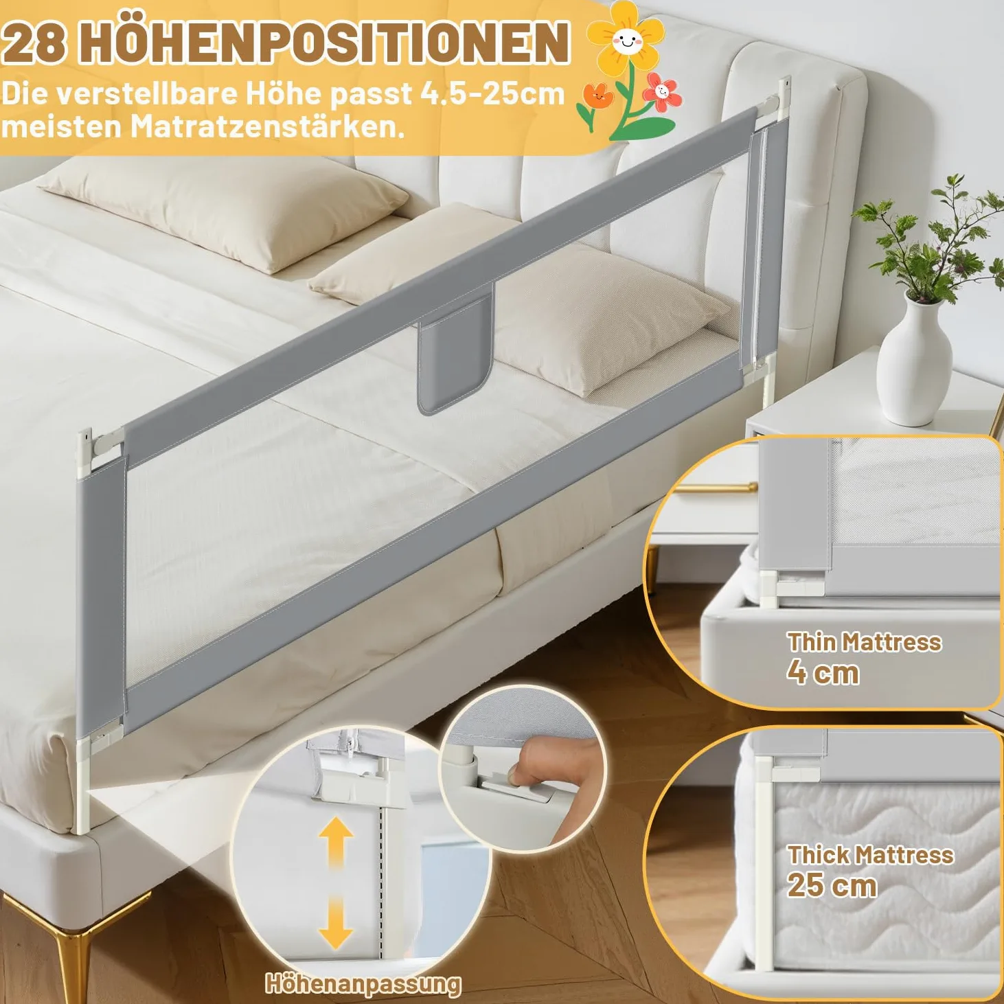 Ikodm Zanzariera per letto 180 cm x 2 + 150 cm x 1, griglia di protezione regolabile in altezza 64 – 96 cm, per neonati e bambini, con interruttore a doppio pulsante, facile da montare, grigio