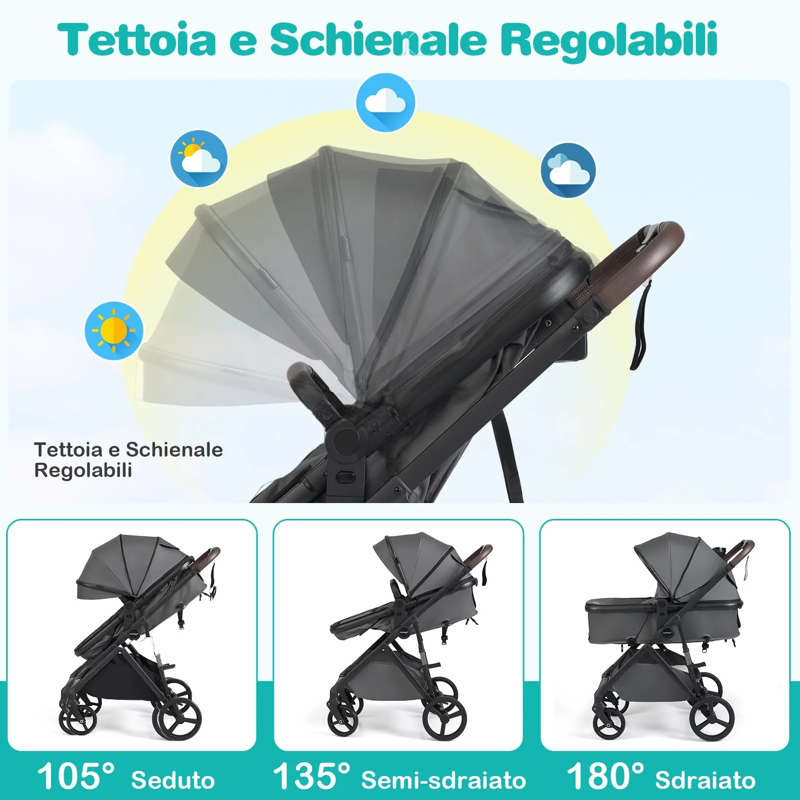 COSTWAY 2 in 1 Passeggino Leggero Pieghevole per Bambini, con Schienale Regolabile, Sedile Reversibile, Tettuccio, Cestello Portaoeggetti, per Neonati per 0-36 Mesi (Grigio)