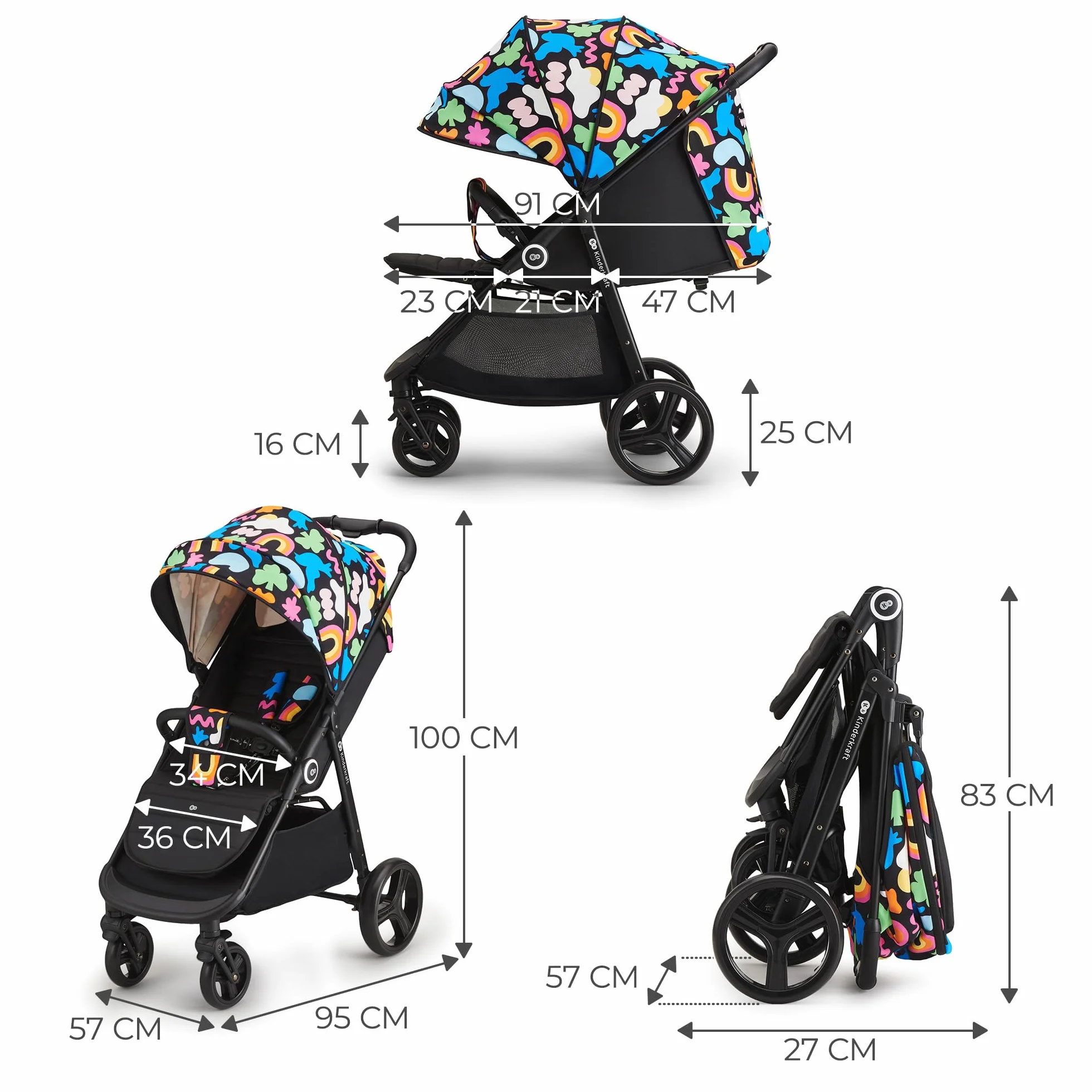 Kinderkraft GRANDE PLUS Passeggino Leggero dalla Nascita fino 22 kg, Pieghevole con una Mano, Posizione Sdraiata, L'ammortizzazione su Tutte le Ruote, Cappottina XL, Happy Shapes