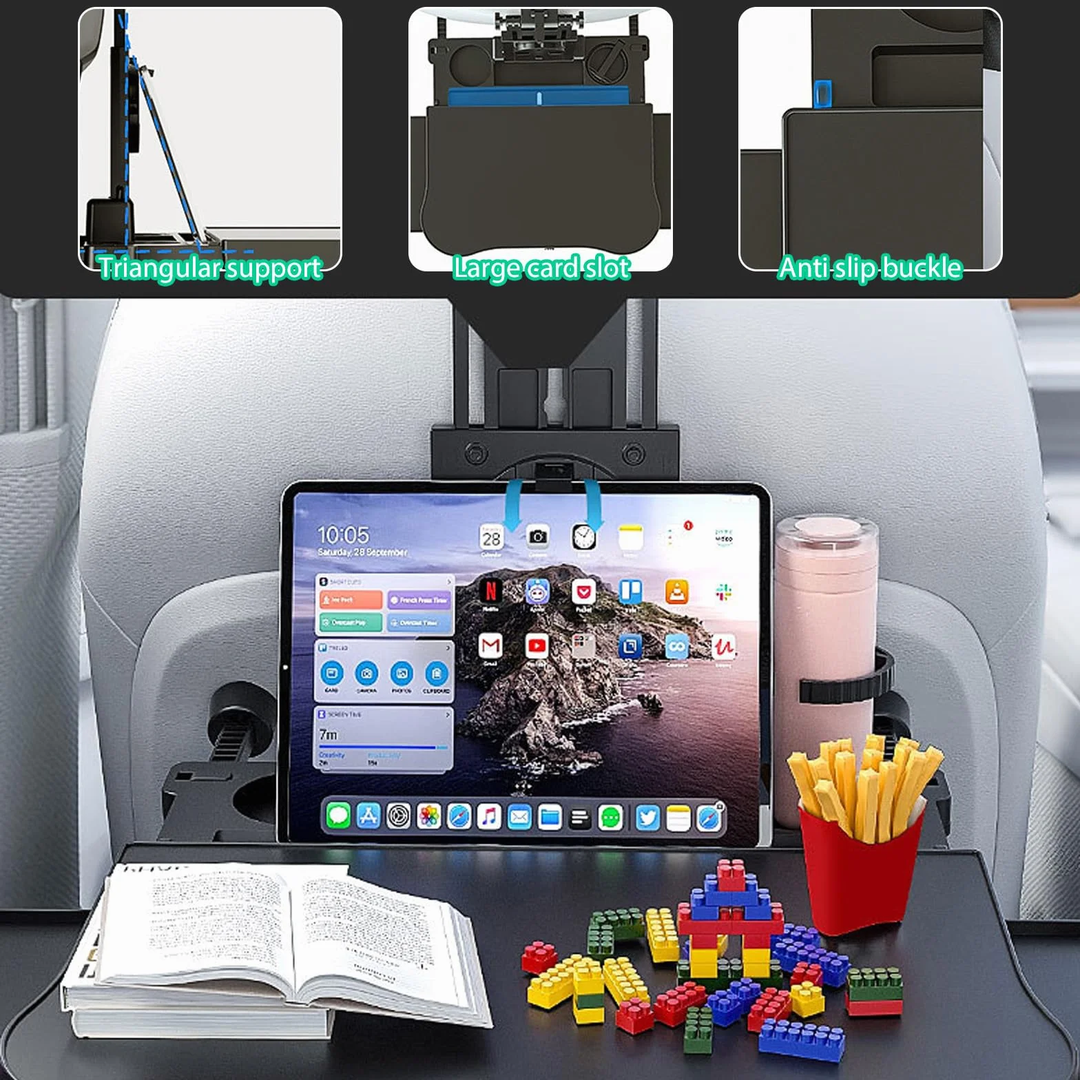 Tavolino Auto, Vassoio del Sedile Posteriore 'Automobile con Portabicchieri e Supporto, Pieghevole, Telescopico, per Viaggi, Lavoro, Cibo (Portata 20kg)
