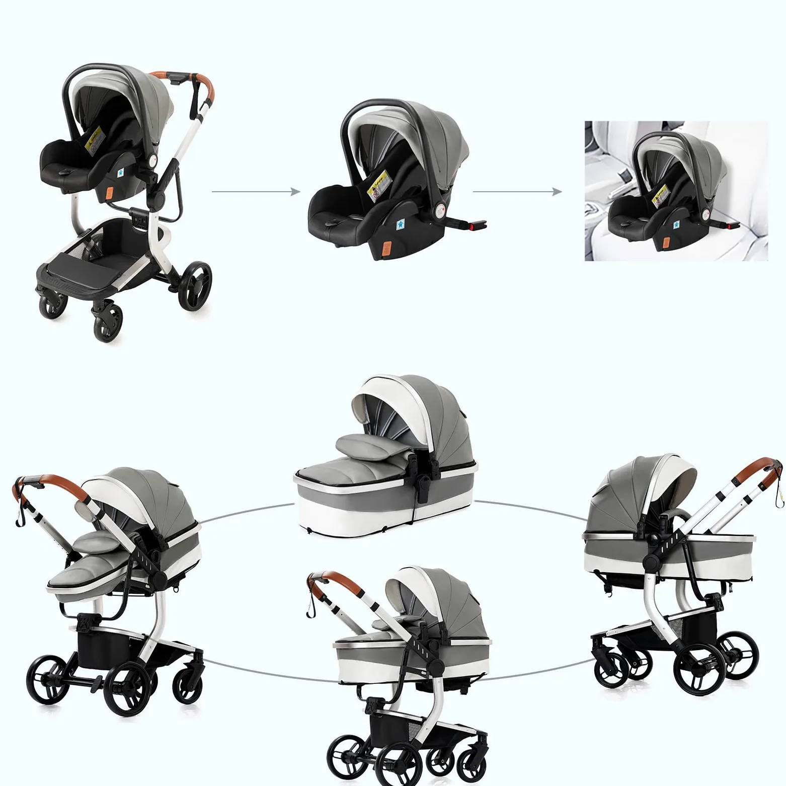 3 in 1 Sistemi Modulari Sistema da Viaggio per Bambini Passeggini Compatti Reclinabile Passeggino Carrozzine Standard Pieghevole Portatile Passeggino Neonato 0-36 Mesi (518 Grey)