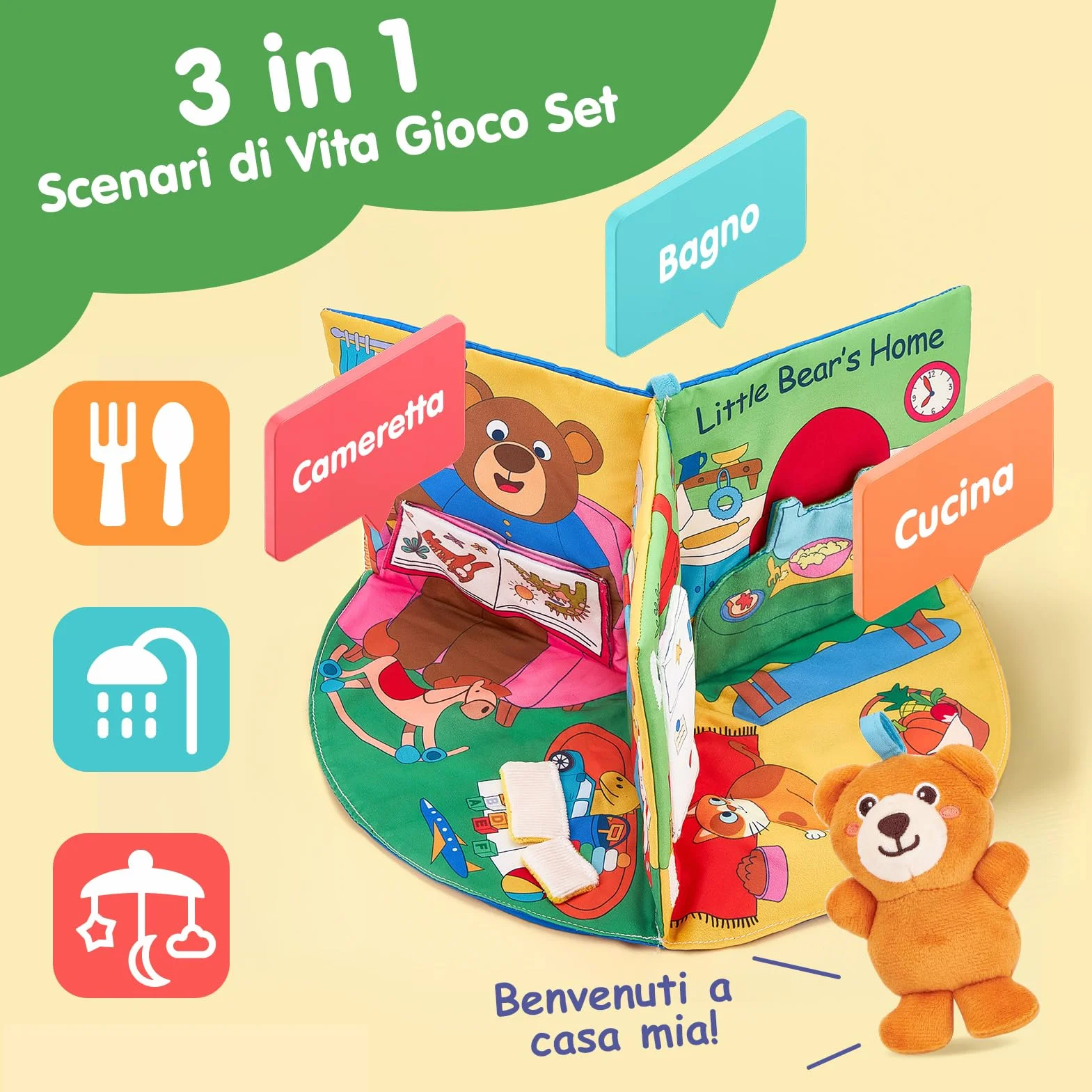 hahaland Libro Sensoriale Neonati 6-12 Mesi, 3 in 1 Morbidi Libro Montessori Interattivo con Specchio & Orsetti Rimovibili, Libri di Stoffa Giochi Tummy Time Neonato Giocattol 3 6 9 12 Mesi