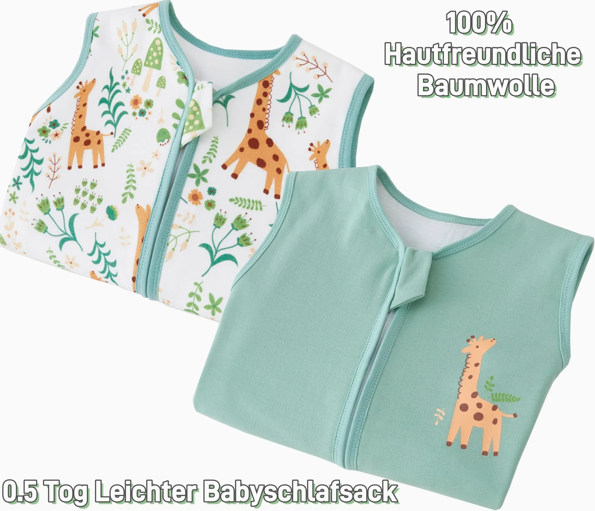 Chilsuessy Sacco nanna estivo per bambini piccoli, senza maniche, per l'estate e la primavera, 100% cotone, verde chiaro + giraffa, altezza 130 – 150 cm