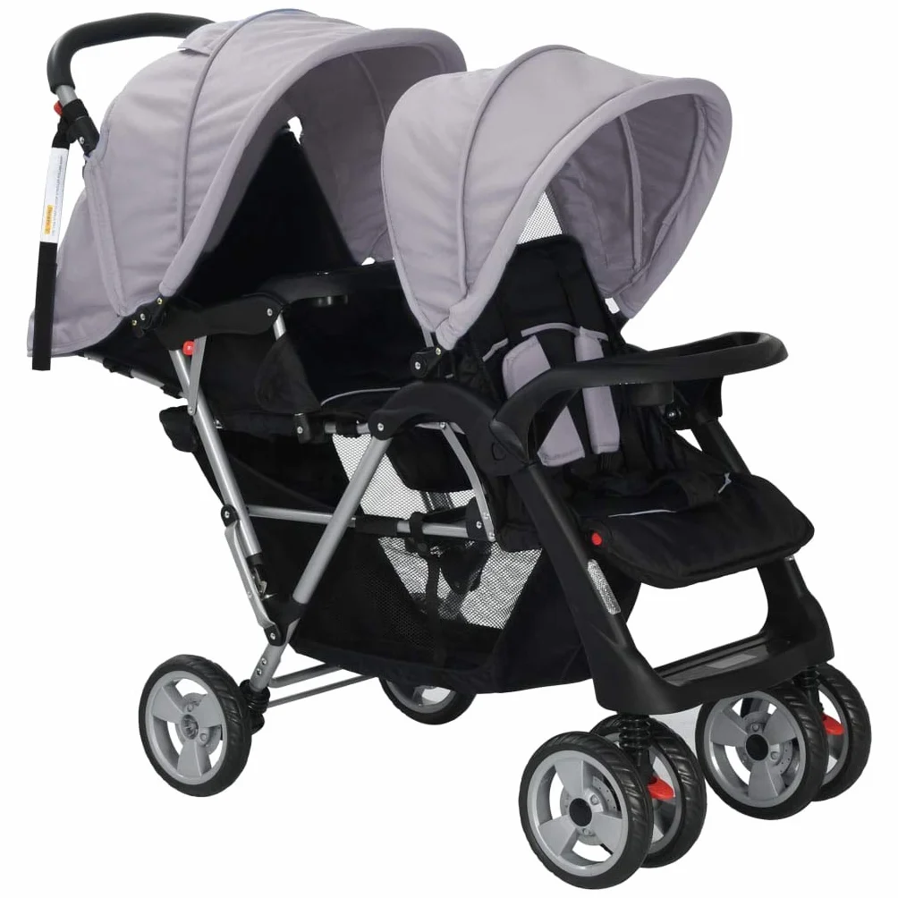 Kavolet Passeggino gemello, gemello, passeggino tandem per 2 bambini, passeggino da viaggio, passeggino 2 in 1, grigio e nero, 122,5 x 53,5 x 111 cm, in acciaio