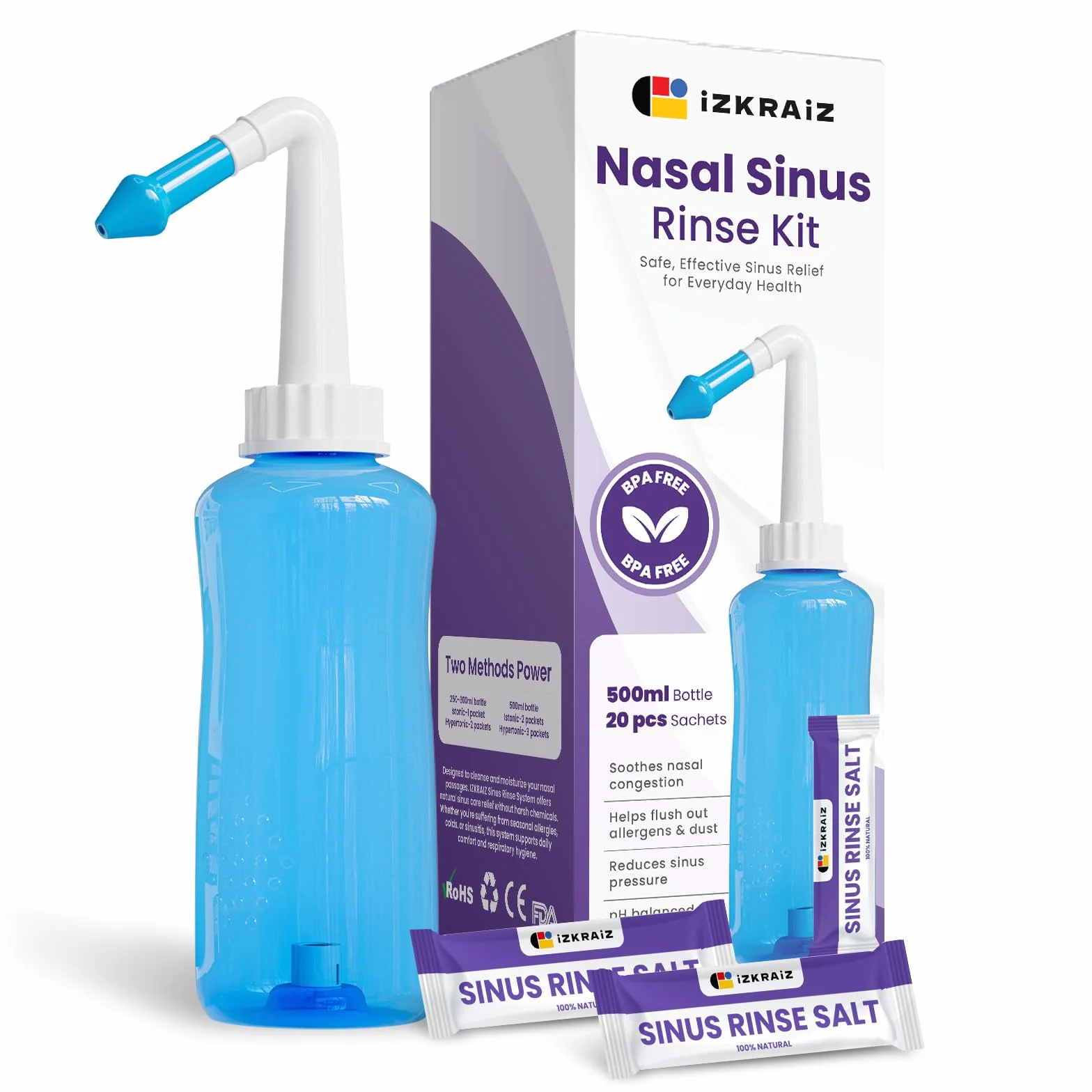 Kit per lavaggio nasale – Flacone da 300 ml + 20 bustine di soluzione salina, lavaggio dei seni nasali – Neti Pot per il sollievo dei seni nasali e l'igiene nasale