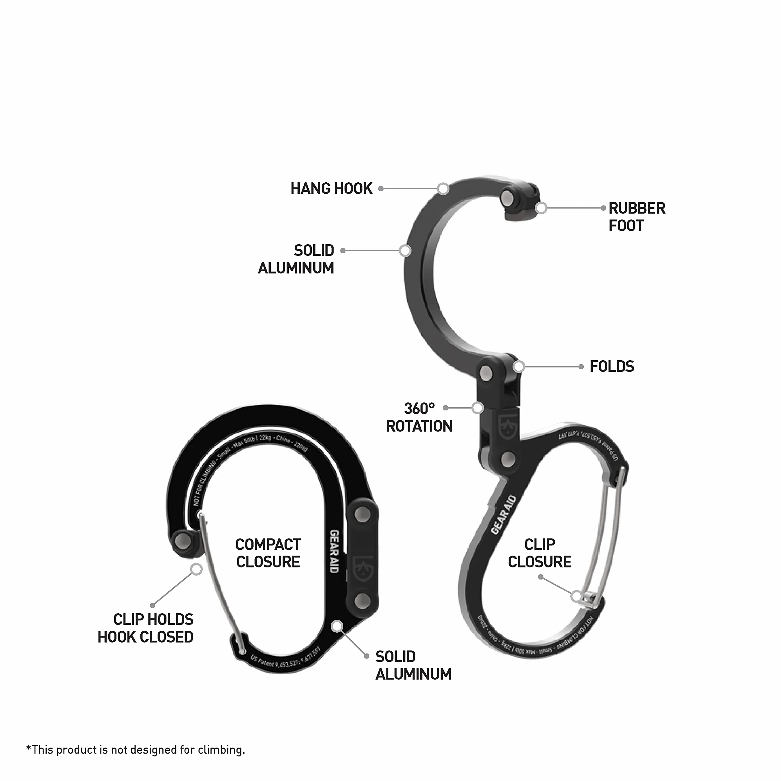GEAR AID HEROCLIP (piccolo) Moschettone con gancio per appendere borse, borse, lanterne, passeggini, strumenti, caschi, bottiglie d'acqua e altro ancora