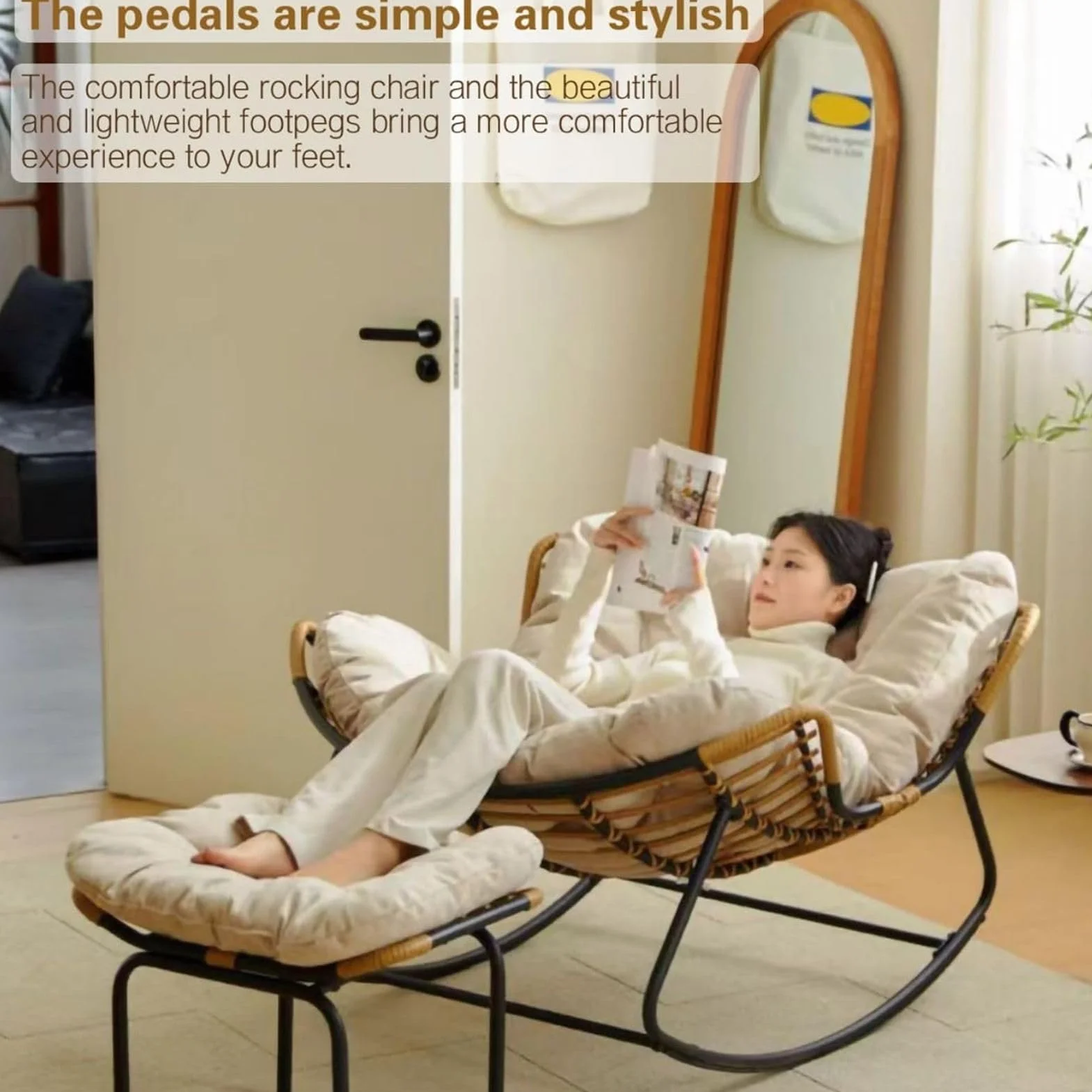 Sedia a dondolo da esterno Papasan con cuscino imbottito, oversize in rattan di vimini per interni, uovo in metallo, grandi supporti