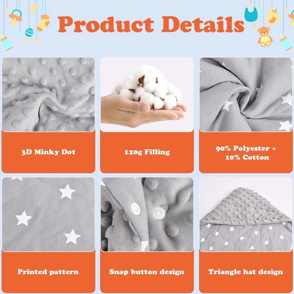 Aolso Baby Coperta trapuntata, 2pcs 100% Cotone Bifacciale Multifunzionale Coperta per seggiolino, con Cappuccio per Passeggini Marsupio, Copri marsupio(stile a cinque punti)