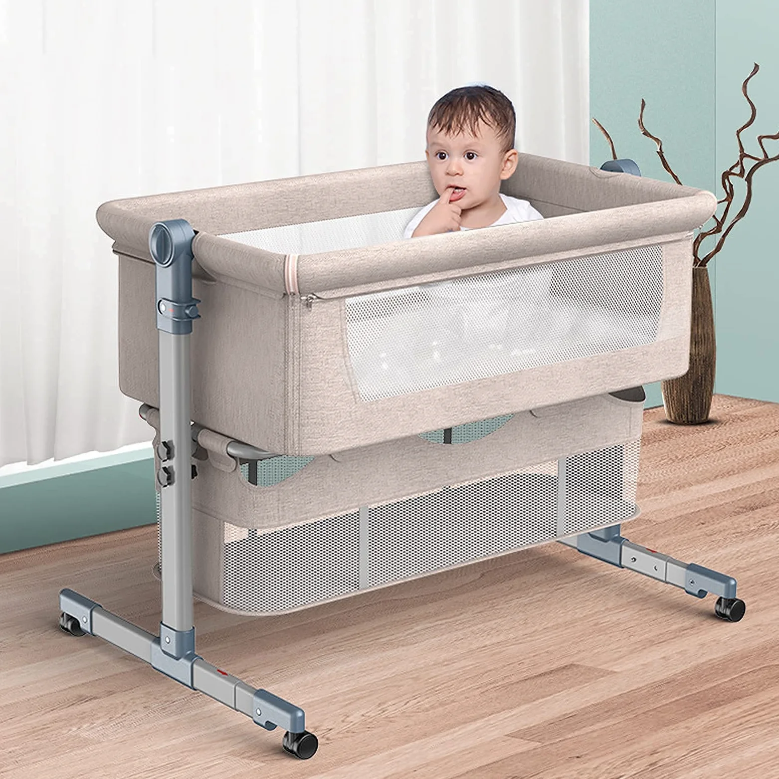 QUNINE Culla da Comodino, Lettino per Bambini co-Sleeping con Materasso, lettini Laterali Staccabili Finestra in Rete Regolabile in Altezza Culle per Bambole Ruote e Borsa da Viaggio, Giallo (Giallo)