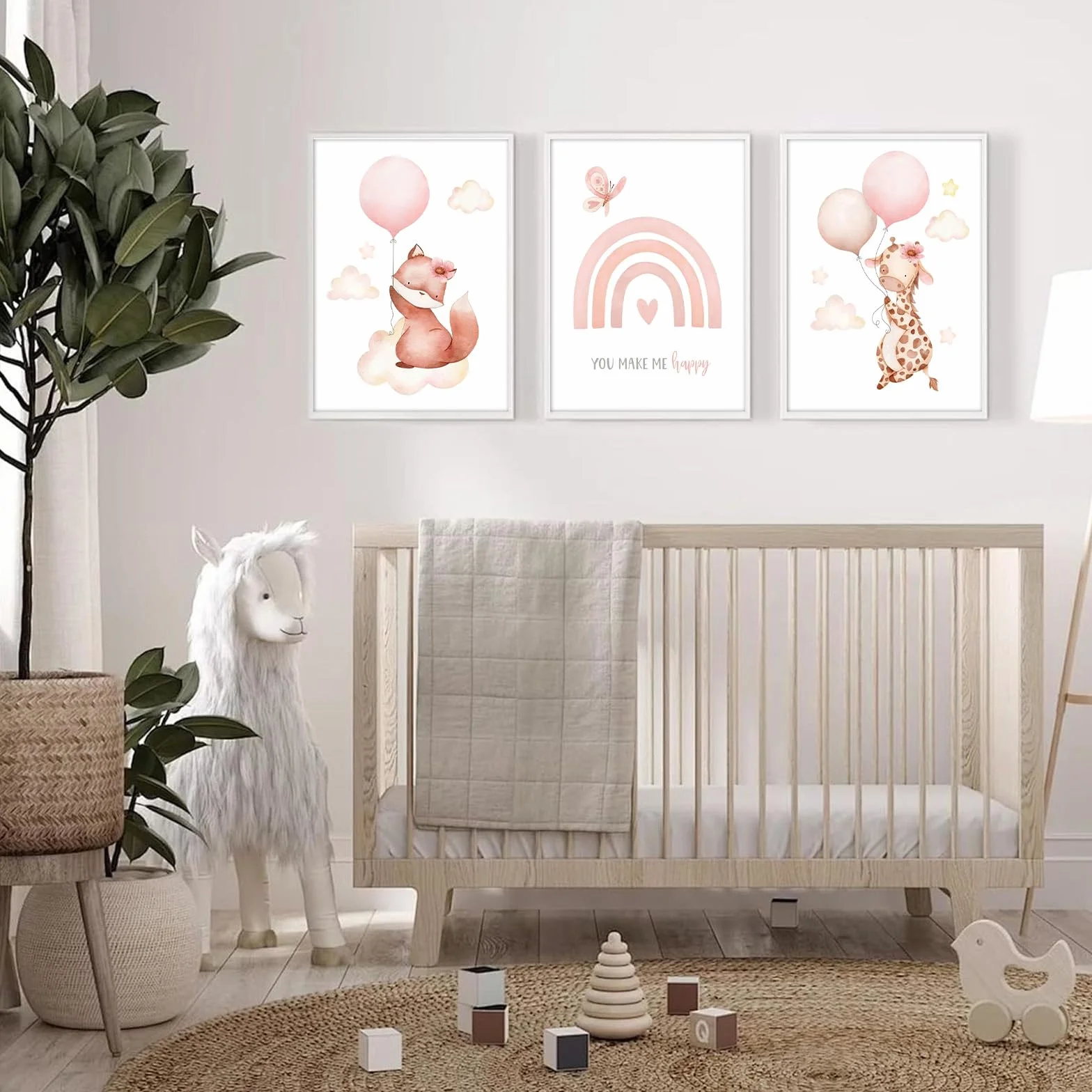 Eclove Set di 4 Poster per Cameretta Bambini - Animali ad Acquerello con Volpe Rosa & Giraffa, Decorazione Murale per Nursery e Cameretta di Bambina, Senza Cornice (21x30 cm A4)