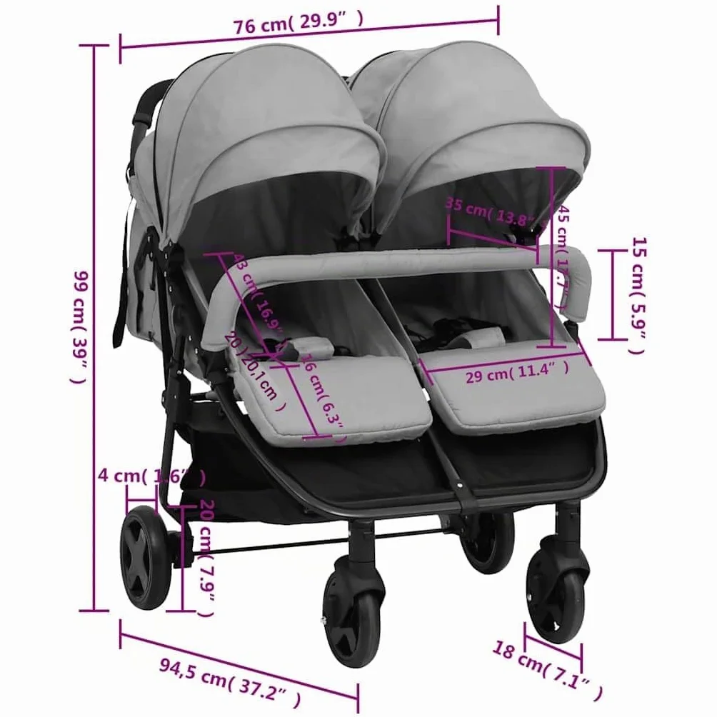 vidaXL Passeggino Gemellare Grigio Chiaro e Nero in Acciaio