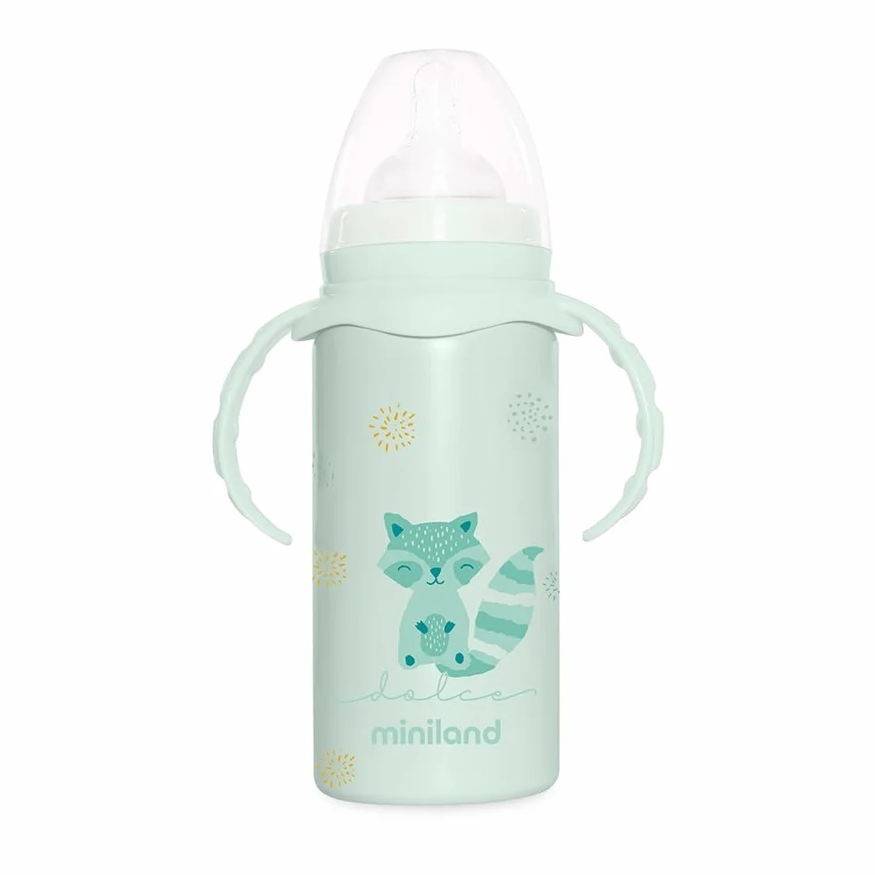 Miniland Thermobaby Dolce Menta 240ml. Thermos da 240ml in acciaio inox con tettarella, a doppio strato di acciaio, che mantiene la temperatura della bevanda fredda e calda per ore.