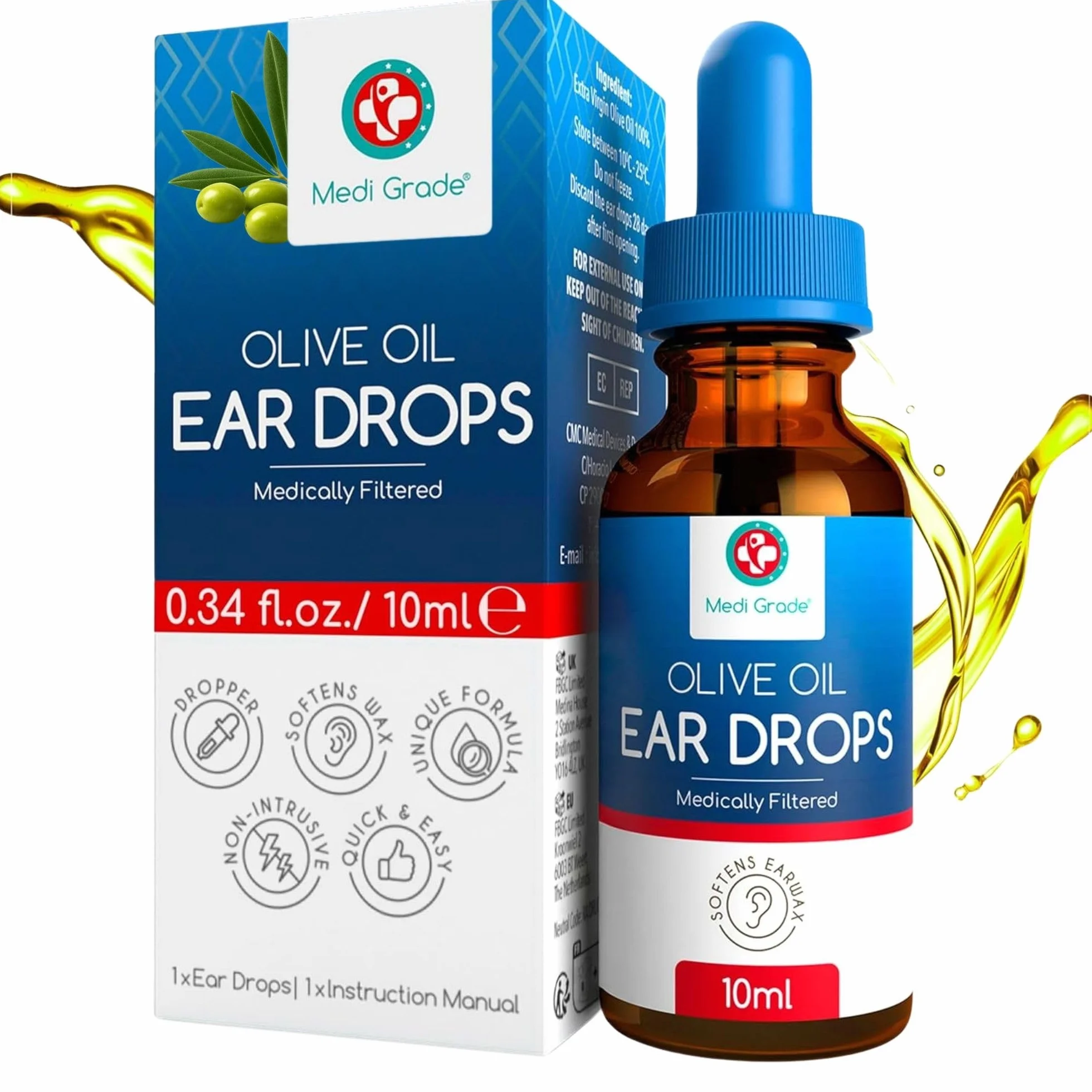 Medi Grade Gocce Auricolari all’Olio Oliva 100% Puro per Pulizia Orecchie – Olio per Rimozione Tappi di Cerume in Boccetta da 10 ml – Ammorbidisce e Rimuove i Tappi Orecchie – Sollievo Rapido
