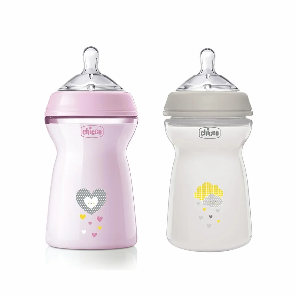 Chicco Biberon Anticolica Natural Feeling, 6 Mesi +, 330 ml, Biberon con Tettarella in Silicone Morbida e Flessibile, Adatto per allattamento misto, Flusso veloce, Rosa e Neutro, 2 Pezzi