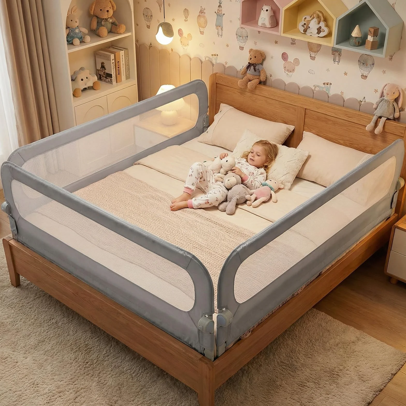 COSTWAY Sponda Letto per Bambini 80/120/150/180/200 cm, Barriera di Sicurezza per Neonati, Altezza Regolabile a 3 Livelli, Barriera Letto Pieghevole, con Cinghia di Sicurezza (200 cm,Grigio)