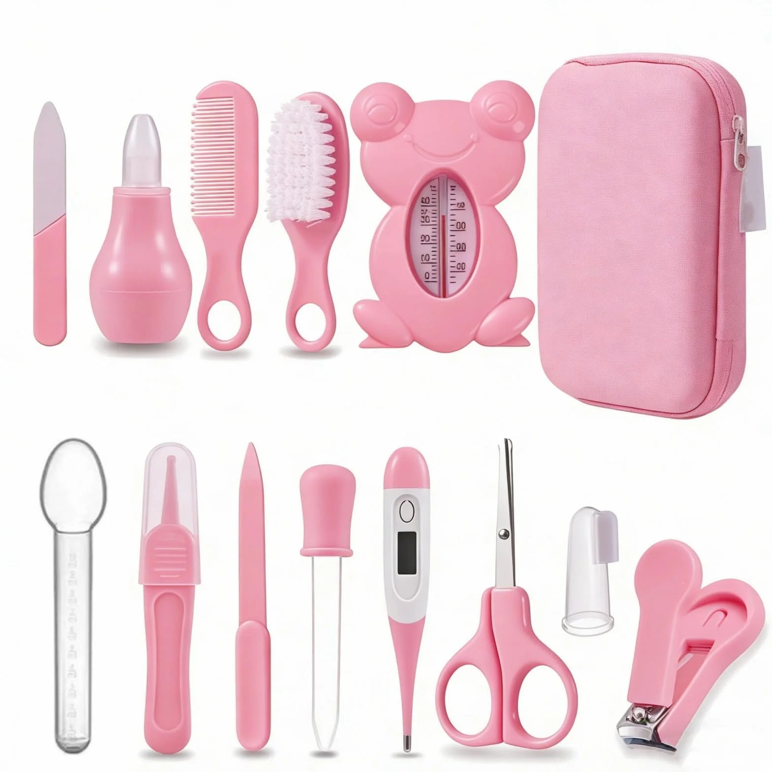 Kit di Cura per Neonati 13 in 1, Set Completo Toeletta Igiene con Tagliaunghie, Cesoie e Accessori per Bagno, Custodia Rigida EVA Portatile Senza BPA, Ideale per Casa Ospedale e Viaggio (Rosa)