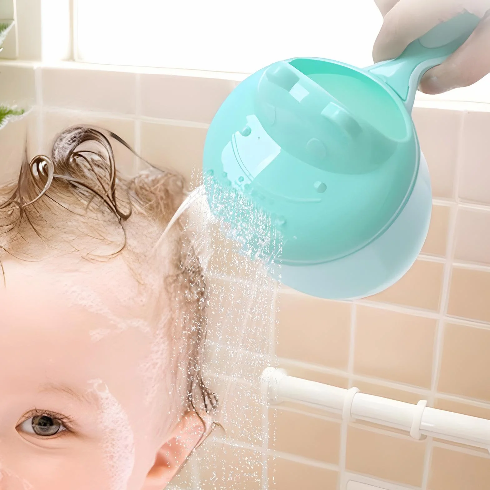 Bicchiere per risciacquo, secchiello da doccia, per lavare i capelli dei bambini, sicuro e senza fuoriuscite, comoda impugnatura per bagno, shampoo e doccia, per la routine quotidiana del