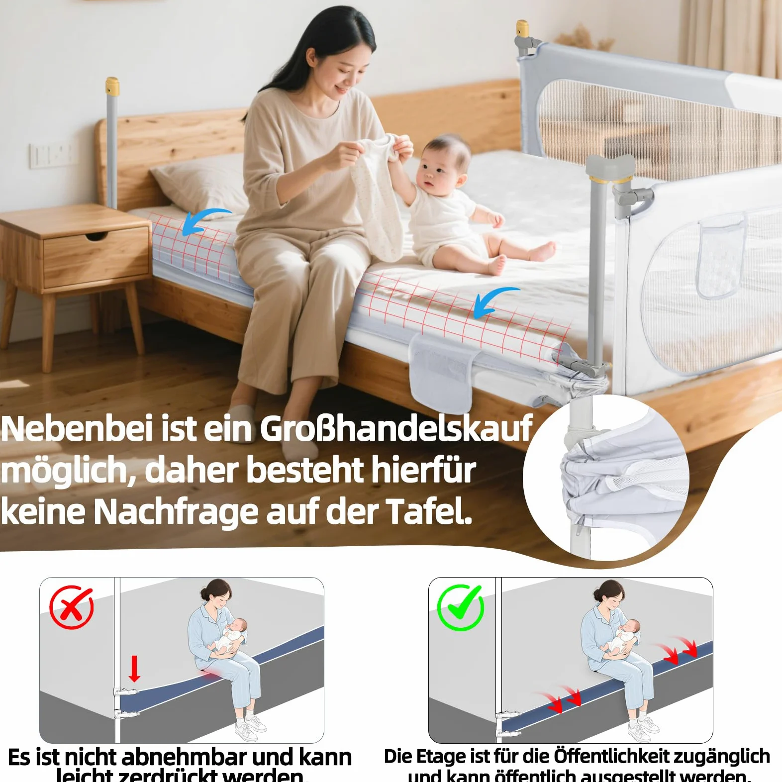 Barriera di protezione per letto, 180 cm, per bambini, pieghevole, protezione anticaduta | Sponda per letto regolabile in altezza a 30 livelli, motivo a blocchi di colore grigio/bianco, tessuto Oxford 302D