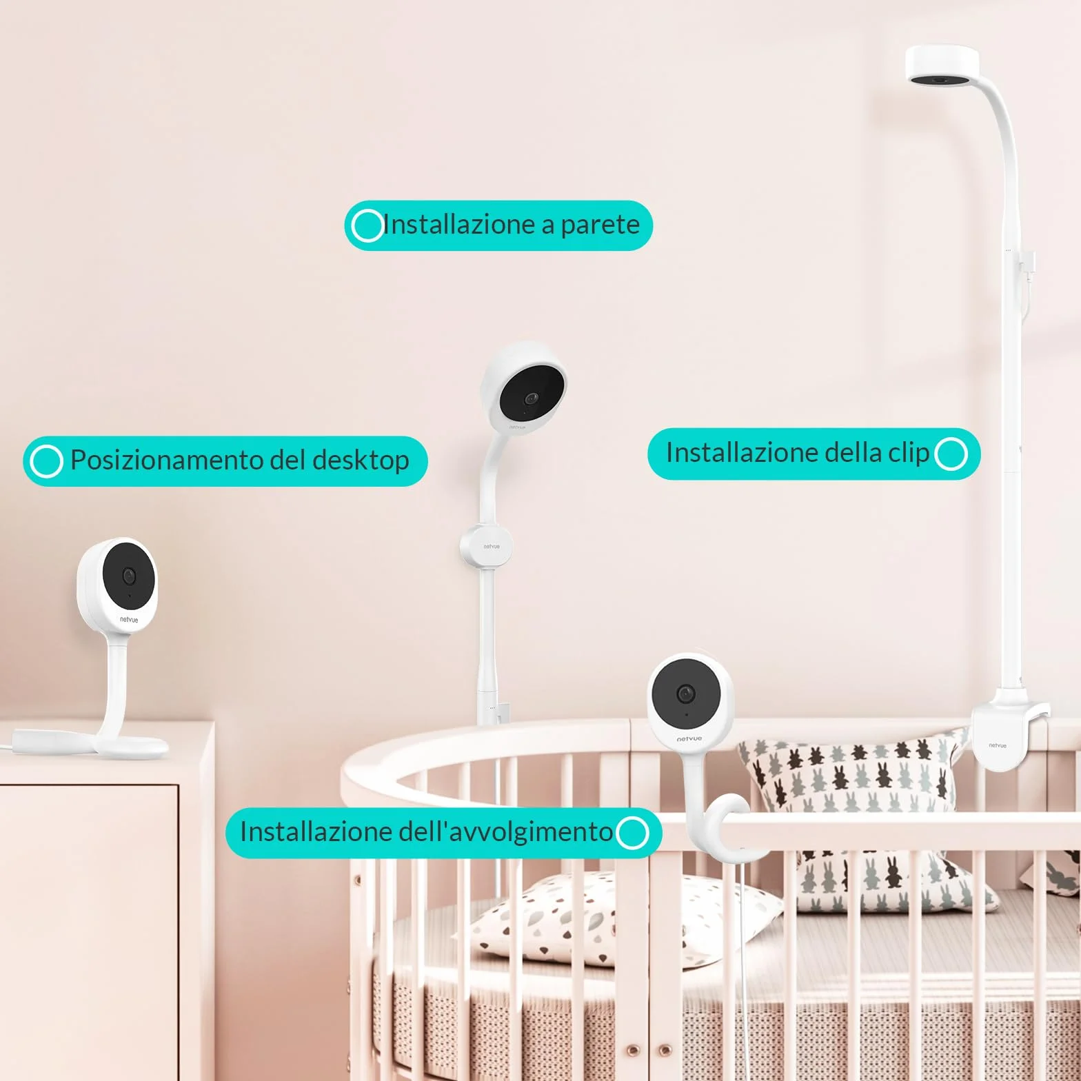 NETVUE Baby Monitor Video e Audio, Telecamera Bambini con Supporto 4 in 1, Controllo da HD 5" LCD Monitor e App Mobile, 3 Modalità di Rilevamento Intelligenti, Audio Bidirezionale, Visione Notturna