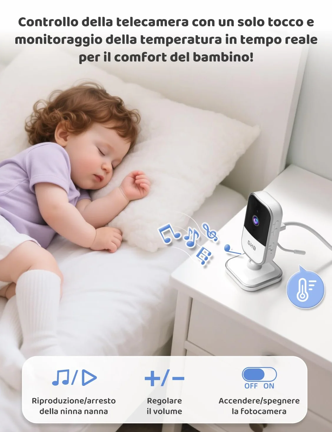 GHB Baby Monitor Video e Audio 5" 720P HD 5000mAh IPS Schermo, Telecamera Bambini con Monitor VOX Visione Notturna Rilevamento della Temperatura