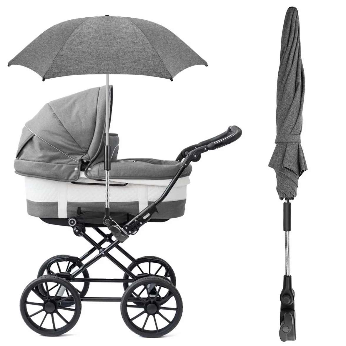 RIOGOO Ombrellone per passeggino, universale 50+ UV per bambini e neonati Protezione solare con manico per carrozzina-grigio