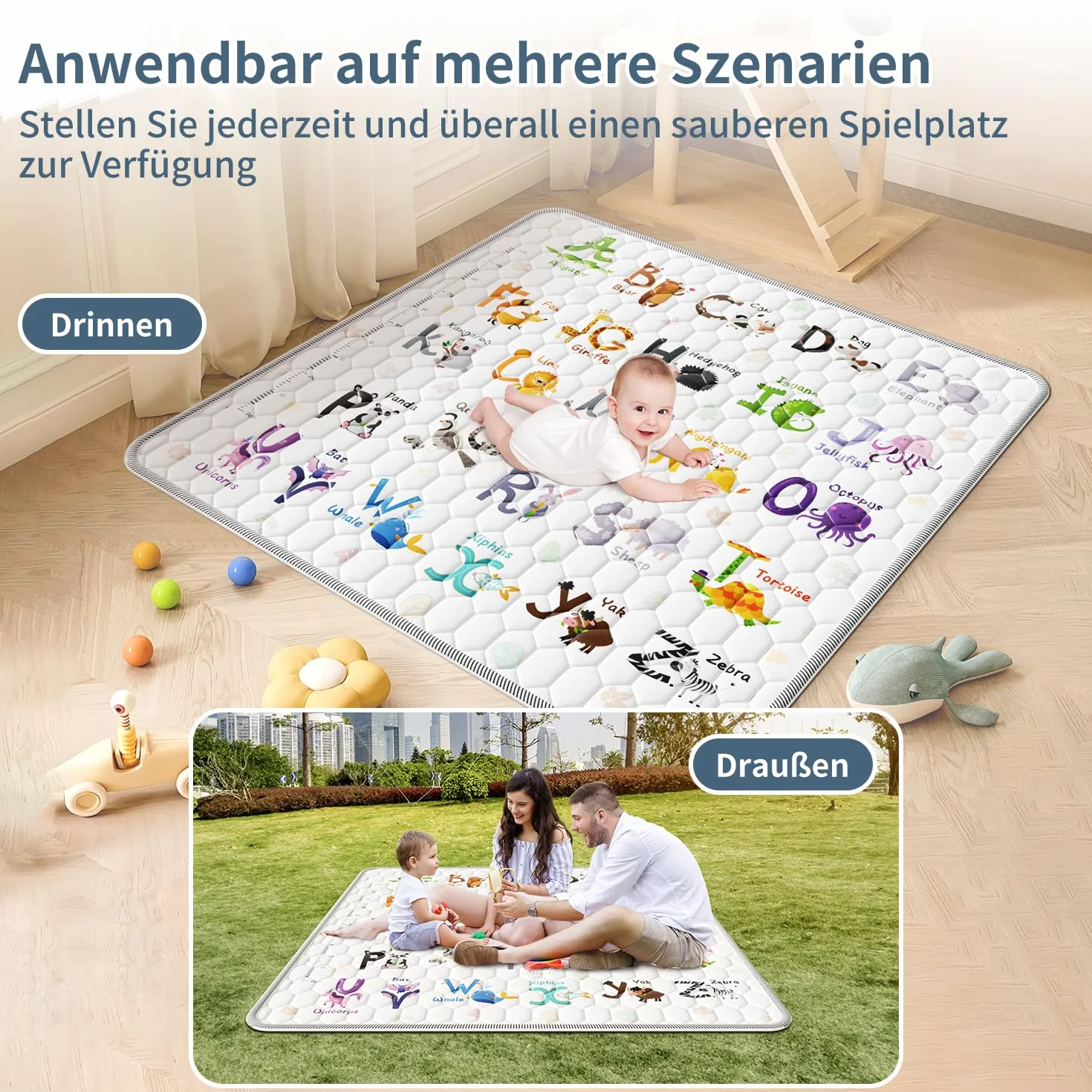 Tappeto Gioco Bambini 127x127cm,Addensare Tappeto Gioco Neonato Pieghevole con 26 Lettere,Stampa Animalier e Righello per l'altezza,Educare Tappeto Neonato,Antiscivolo,Lavabile in Lavatrice