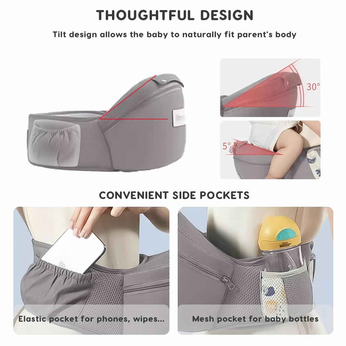 SONARIN 3 in 1 Traspirante Marsupio Neonati con Sedile,Portantina Multifunzionale Ergonomico Porta Bambino Fascia Porta Bebè Multi-Posizioni per Neonati Bambini 0-36 Mesi(Grigio)