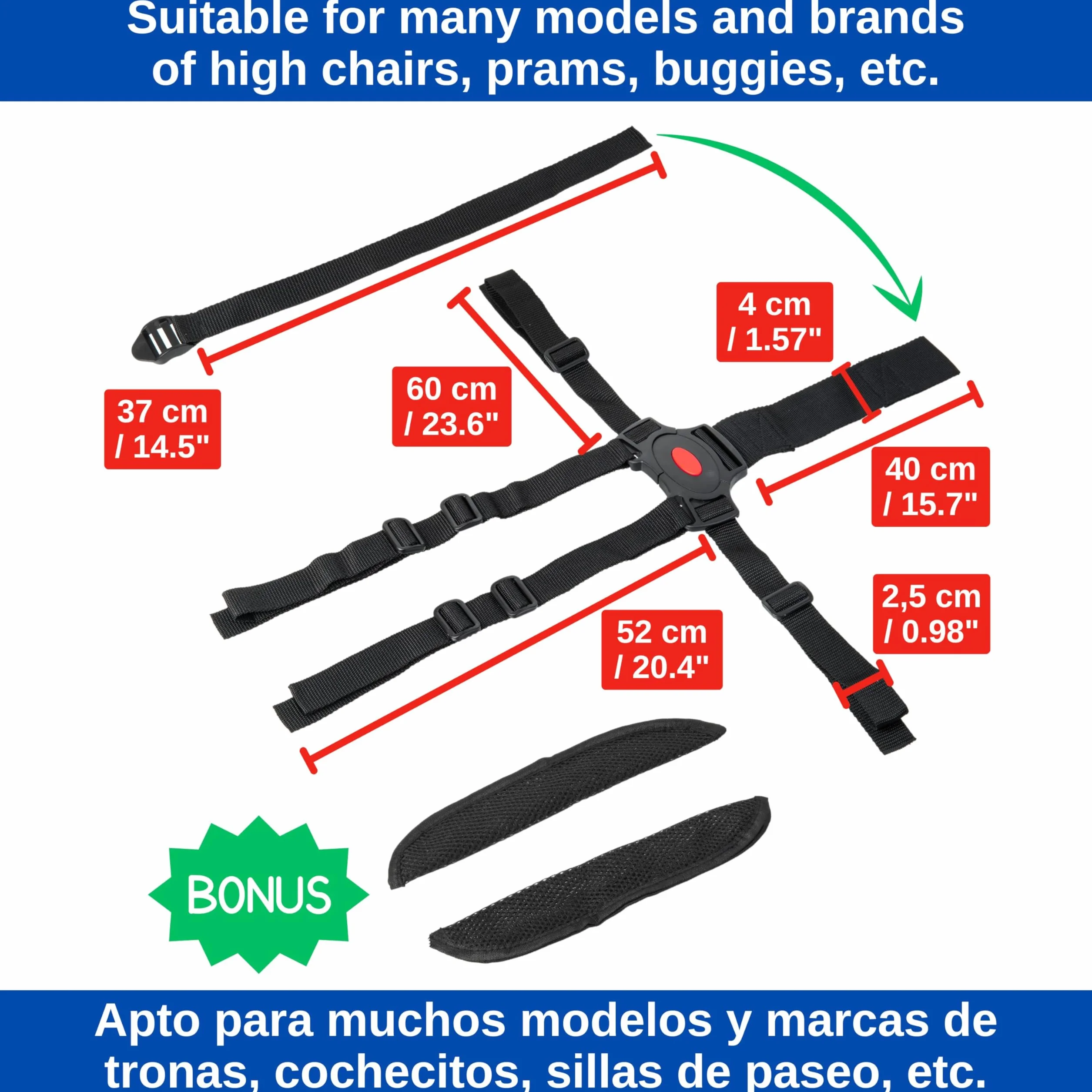 Sistema Cinture a 5 Punti con spallacci per infilare – Accessori Passeggino, Carrozzina, Seggiolone – Cintura di Sicurezza Bambino, Imbracatura Facile da Collegare, con Fibbie a Barra per Anelli Fissi