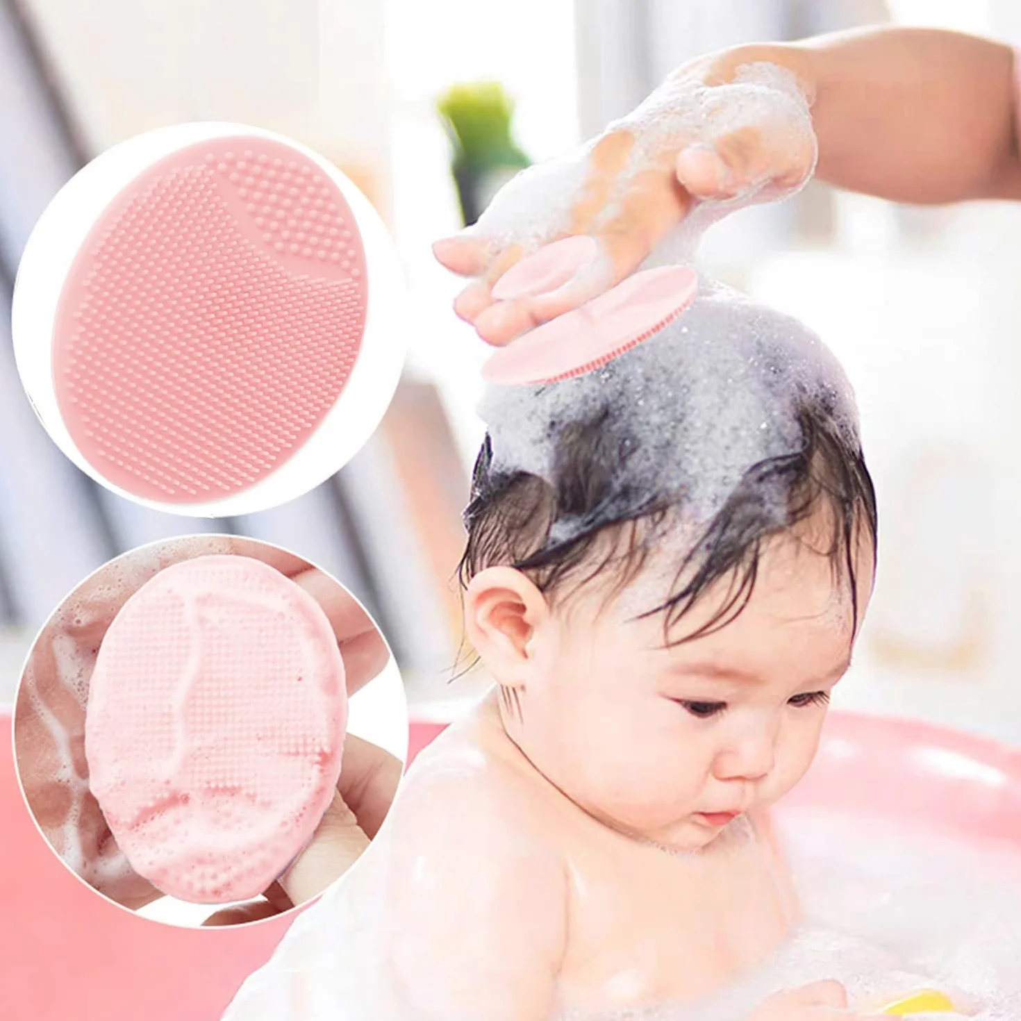 Set di 3 spazzole e pettini per bambini, con setole di capra e setole in silicone, per neonati e bambini (Rosa Brosse in silicone)