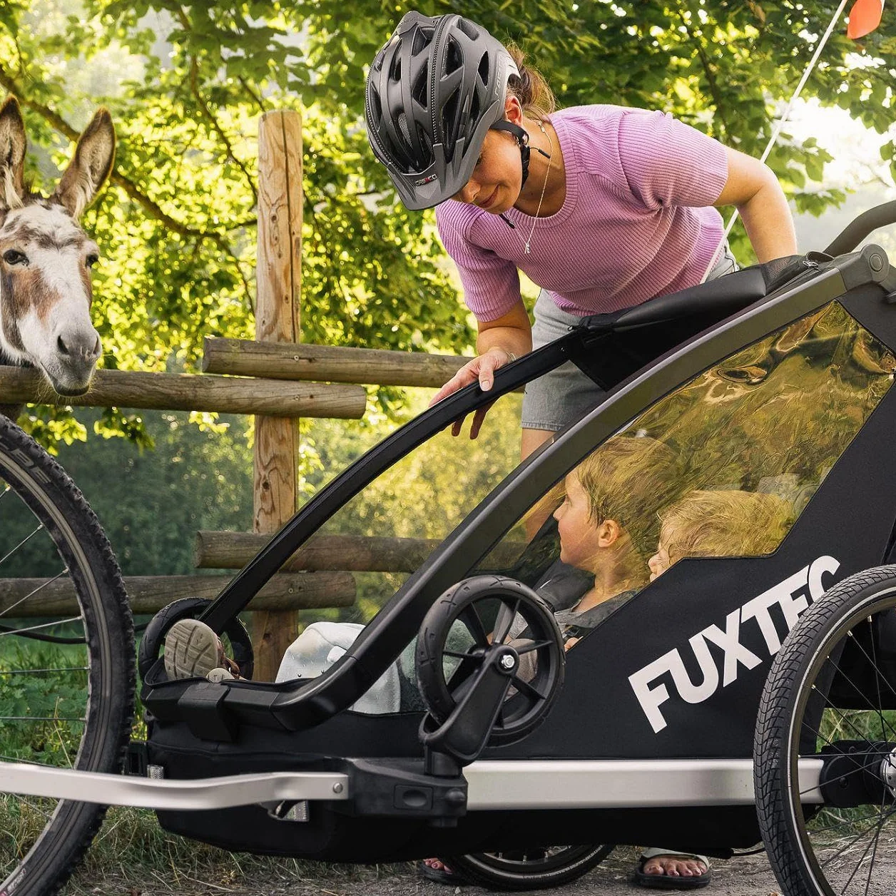 FUXTEC 2 in 1 - Rimorchio per bicicletta con bicicletta da jogging FX-FA1, con rimorchio per 2 bambini, in alluminio, pieghevole, con protezione da pioggia e sole