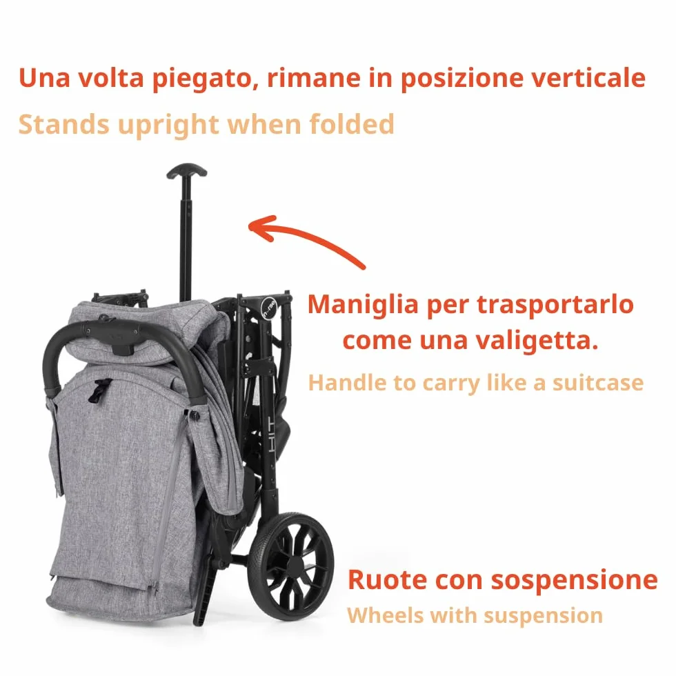 Nurse Hit Passeggino leggero fino a 22 kg, Pieghevole compatto con una mano, Maniglia per il trasporto, Schienale reclinabile, Cappottina estensibile, Grigio