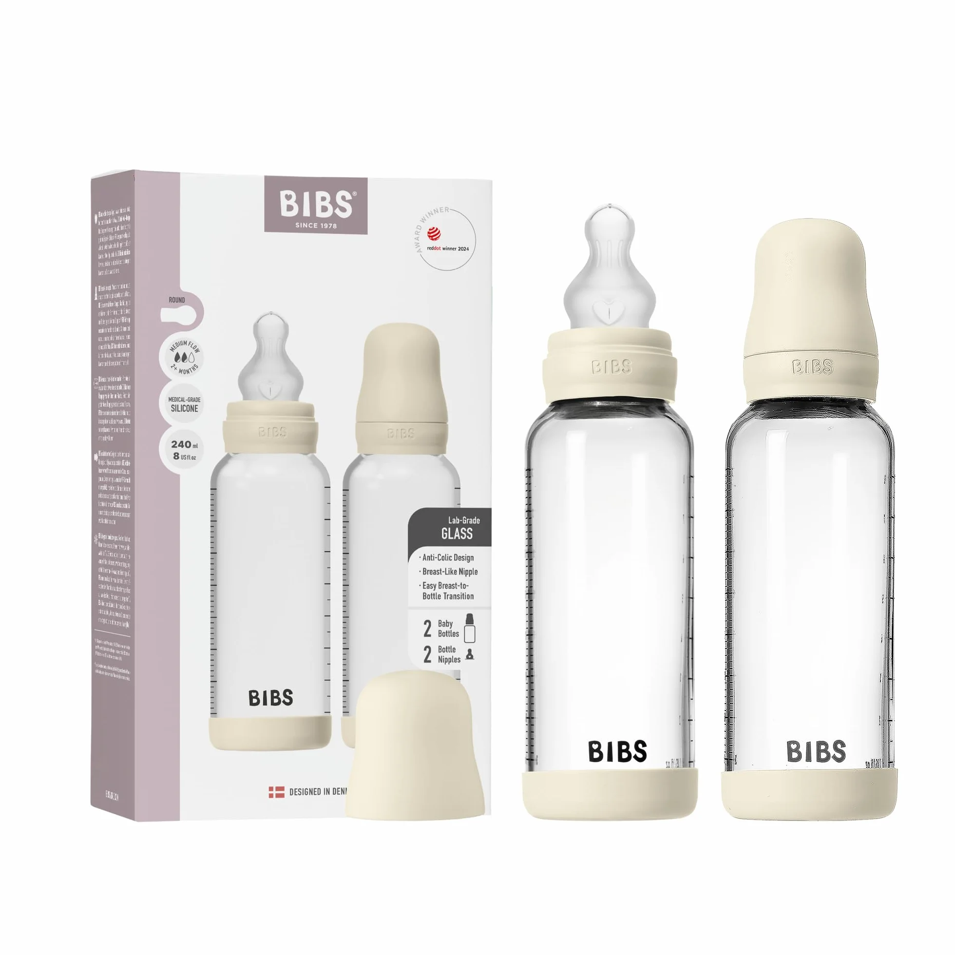 Biberon in vetro BIBS. Anti-coliche. Set di 2.Tettarella rotonda in Silicone. Favorisce l'allattamento naturale al seno, Complete Set - 240 ml (Pack of 2), Ivory