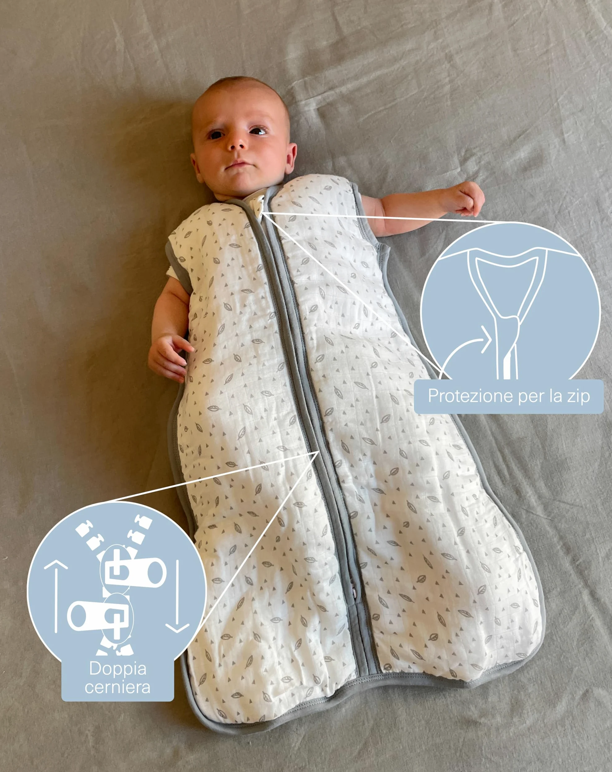 molis&co - Sacco Nanna 1 TOG - Sacco Nanna Imbottito per l’Autunno e Primavera. Neonati da 18-36 mesi (95 cm) - Mussola di Cotone Premium - Senza Maniche - Grey Leaf