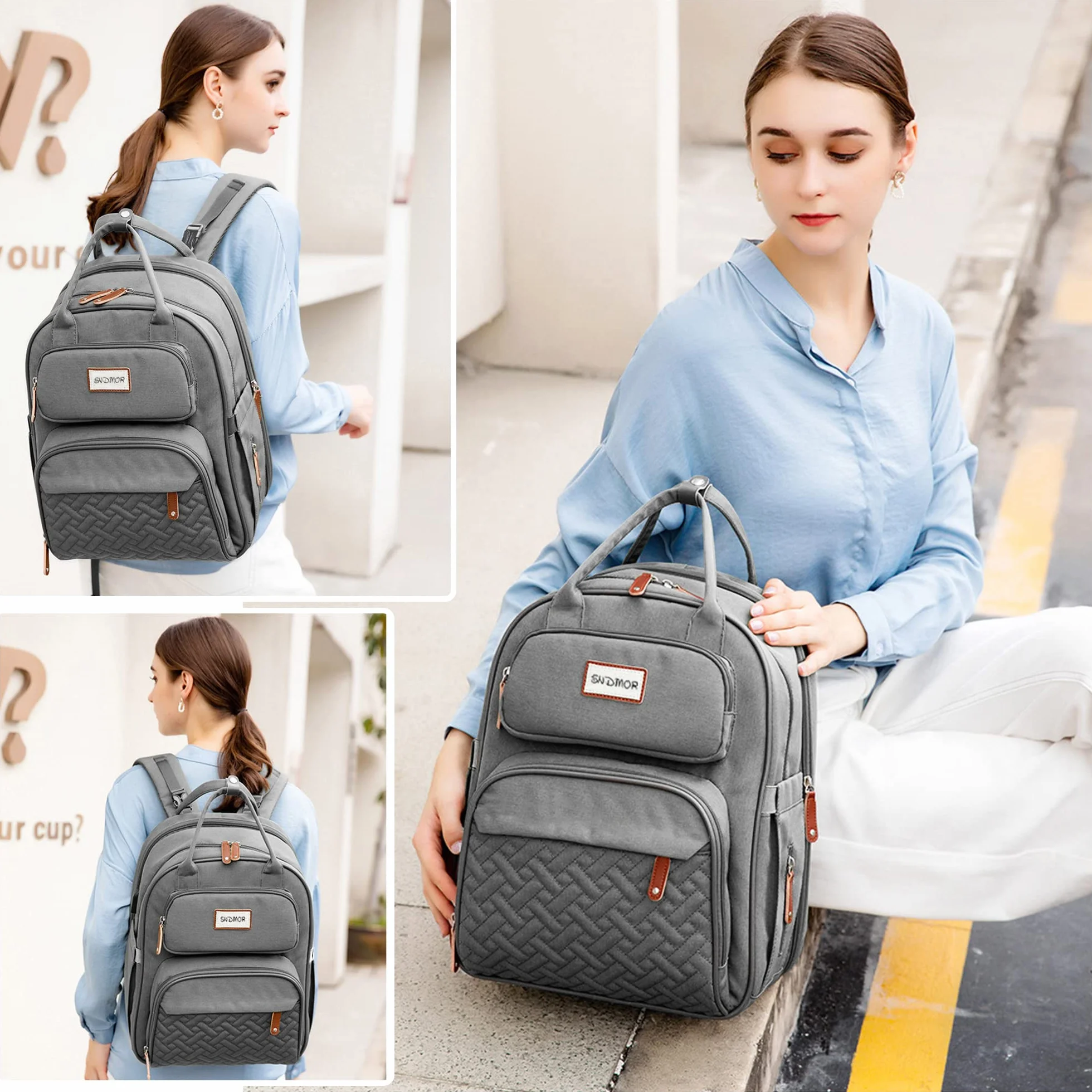 SNDMOR Zaino per Fasciatoio, Borsa per Bebè Unisex Grande con Fasciatoio, Grande Capacità, Impermeabile alla Moda (Grigio Chiaro)
