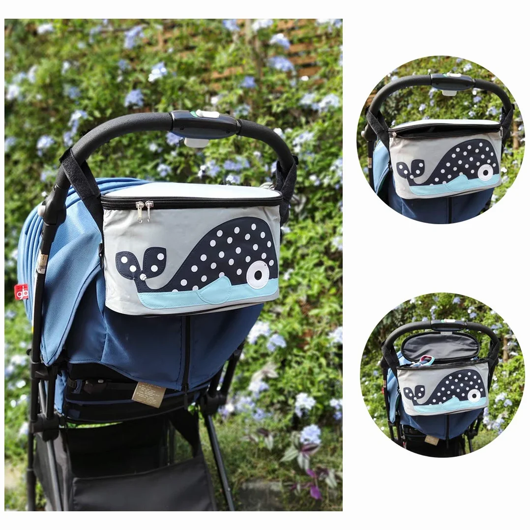 Borsa Portaoggetti Passeggino Universale,Organizzatore Passeggino Valco Con Porta Biberon Portabicchieri per Carrozzina, Resistente all' acqua（Whale con copertura)